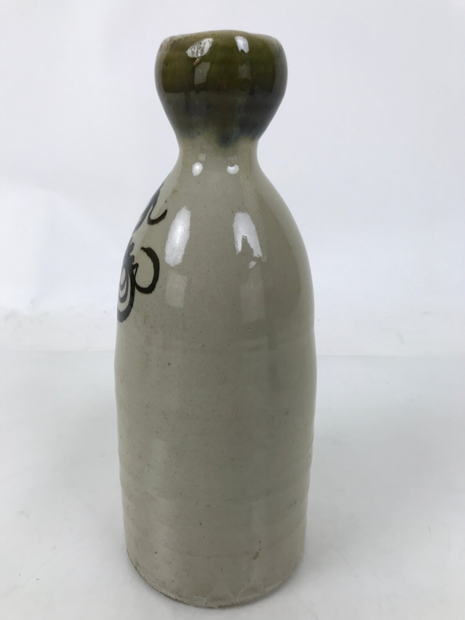 Japanese Ceramic Sake Bottle Vtg Kayoi-Tokkuri Gray Black Green Circles TS814