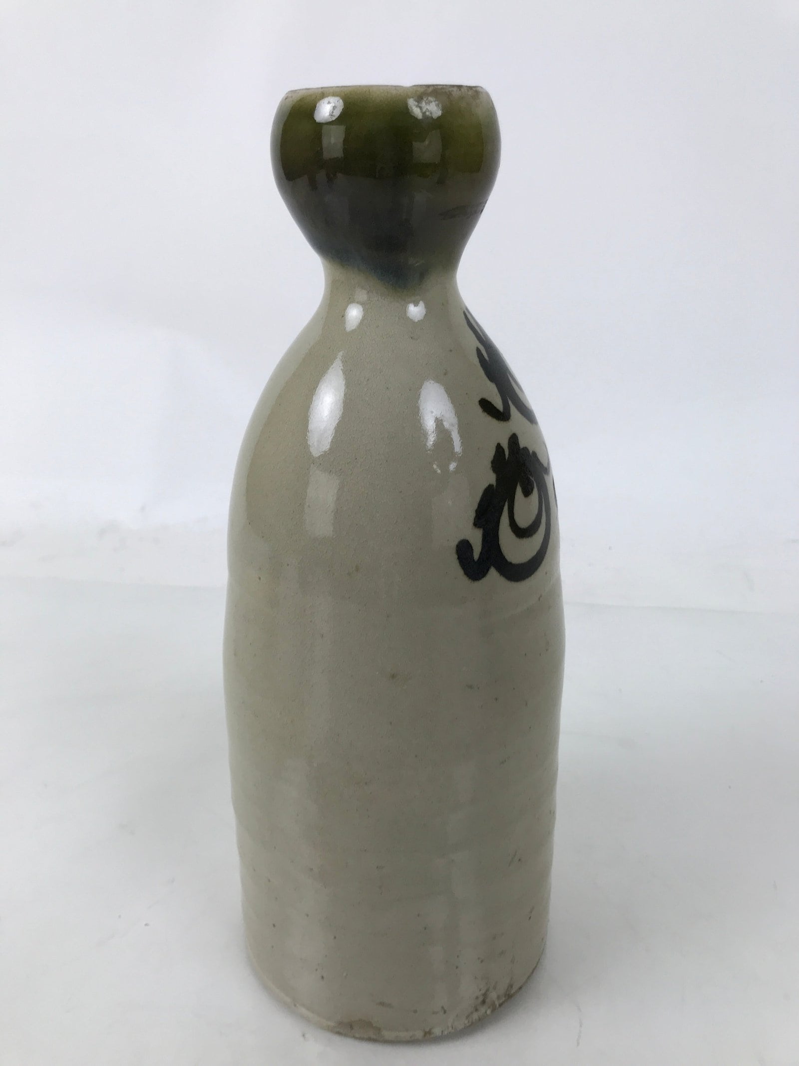 Japanese Ceramic Sake Bottle Vtg Kayoi-Tokkuri Gray Black Green Circles TS814