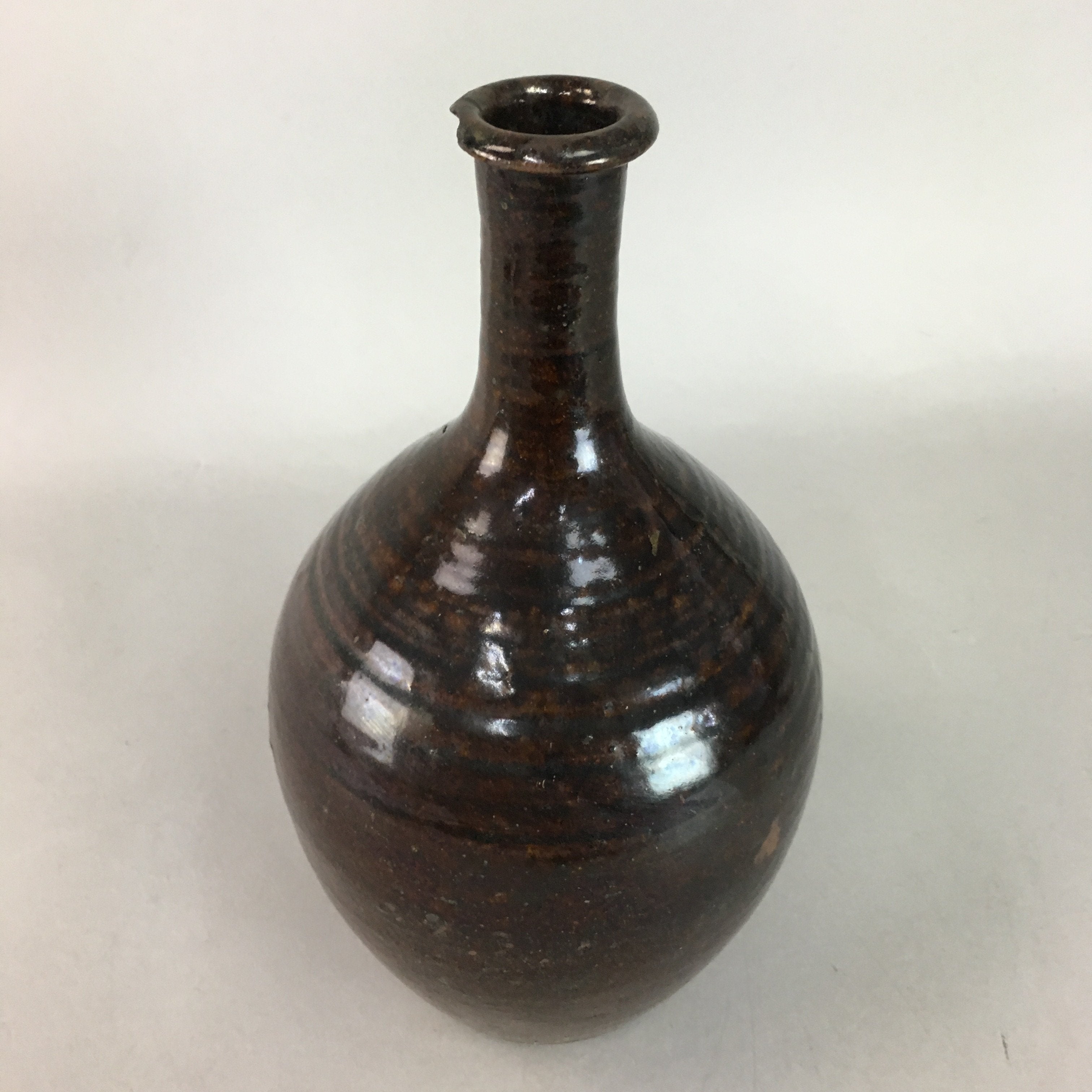 Japanese Ceramic Sake Bottle Vtg Pottery Tokkuri Brown Crane Neck TS179