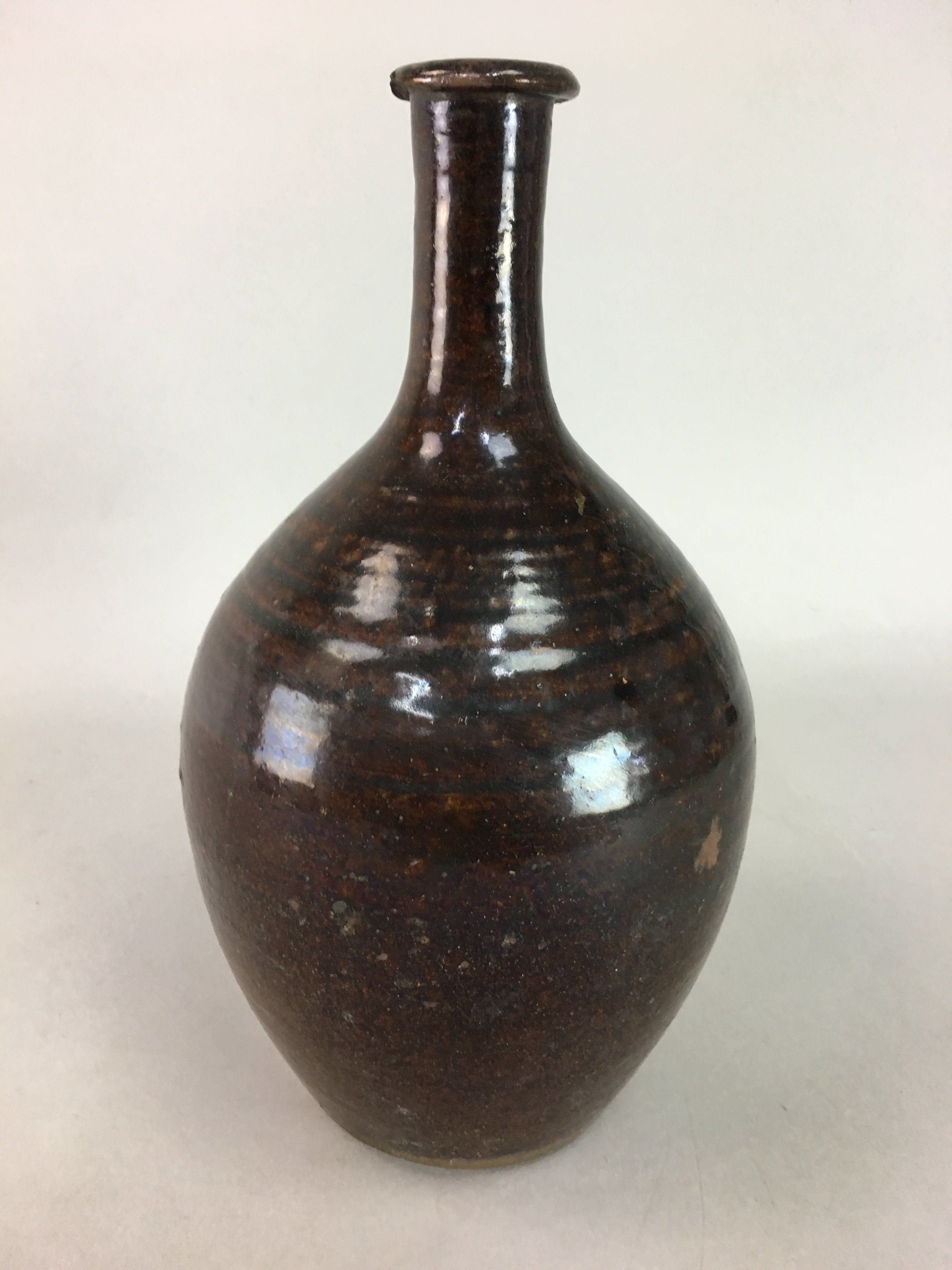 Japanese Ceramic Sake Bottle Vtg Pottery Tokkuri Brown Crane Neck TS179