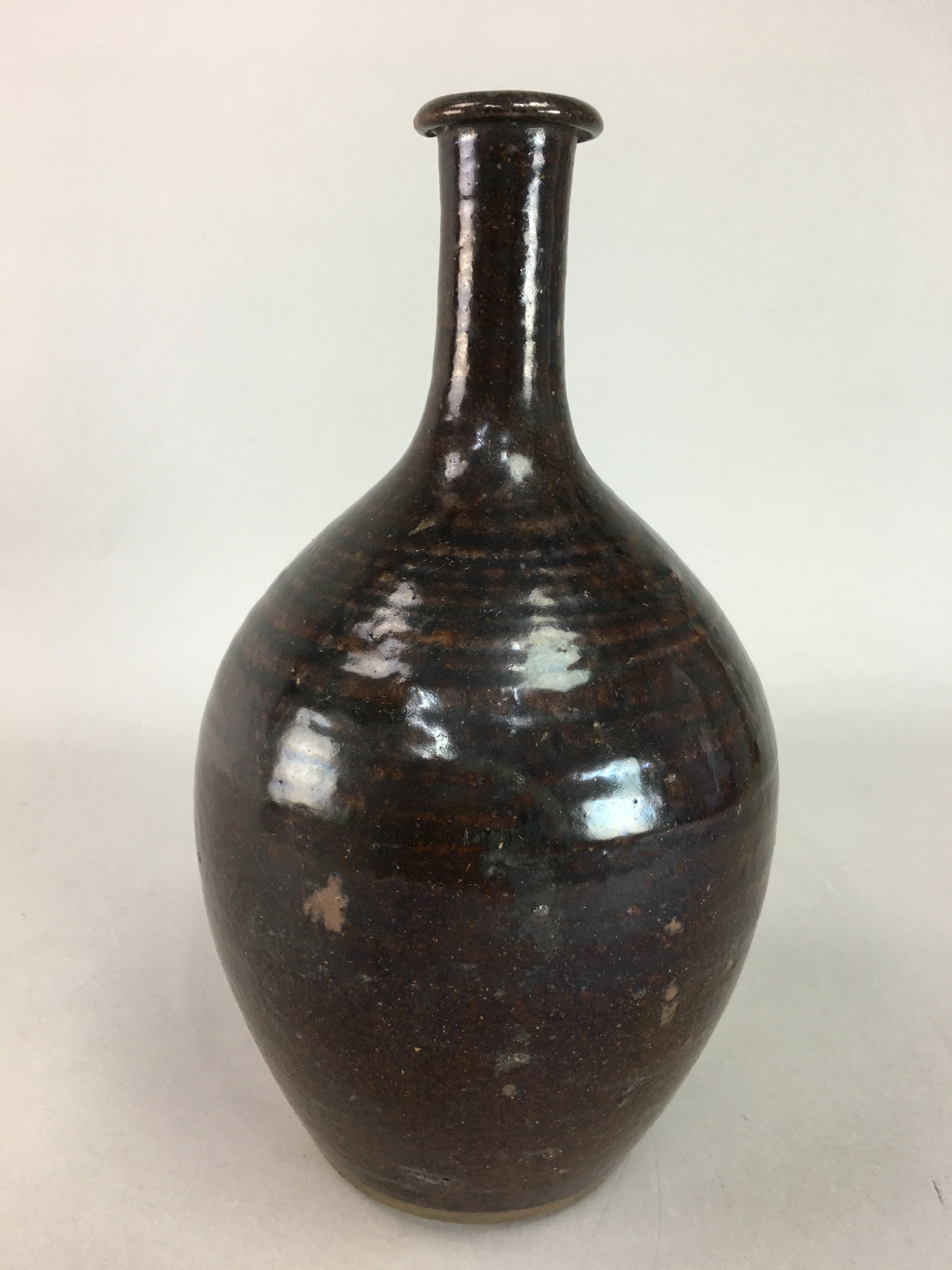 Japanese Ceramic Sake Bottle Vtg Pottery Tokkuri Brown Crane Neck TS179