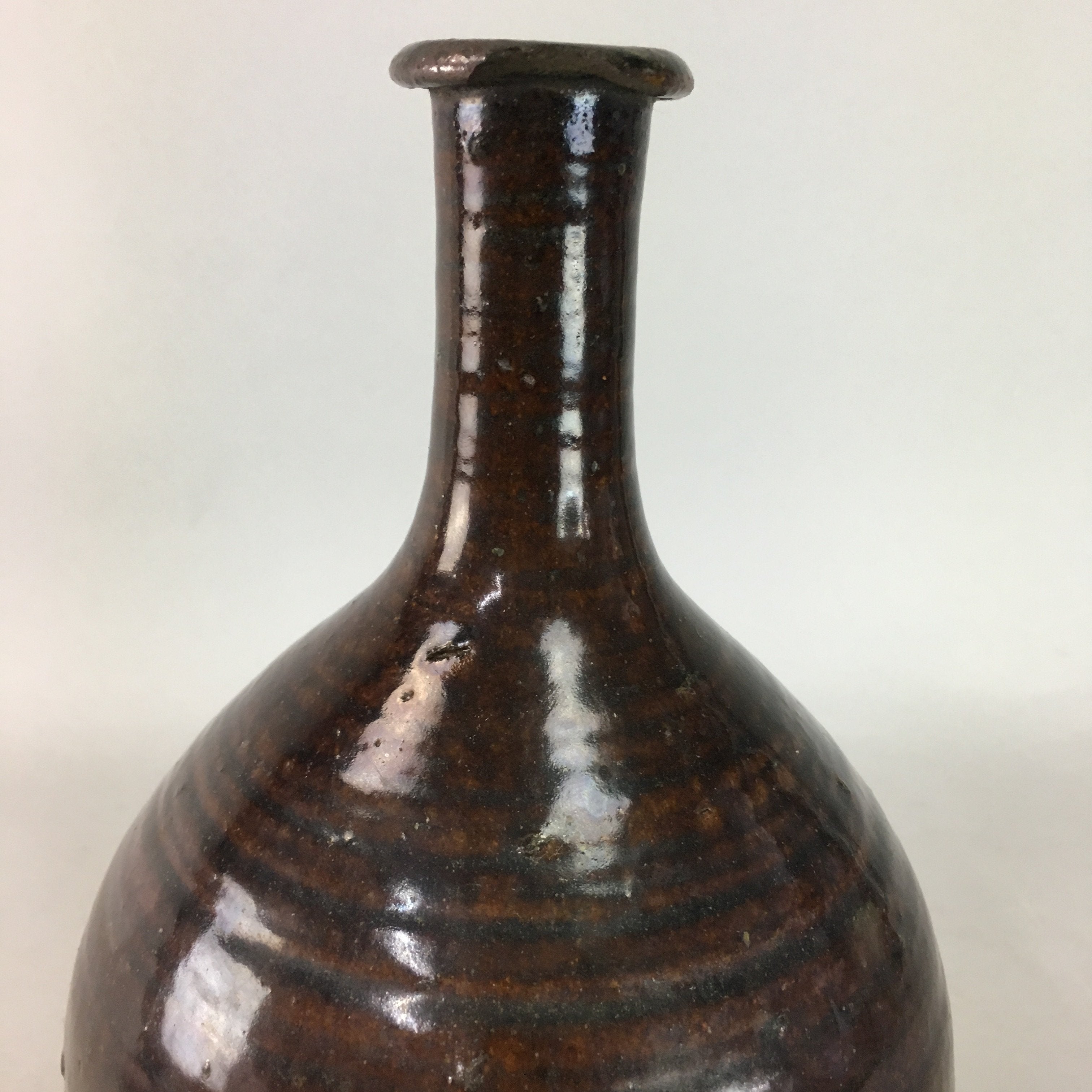 Japanese Ceramic Sake Bottle Vtg Pottery Tokkuri Brown Crane Neck TS179