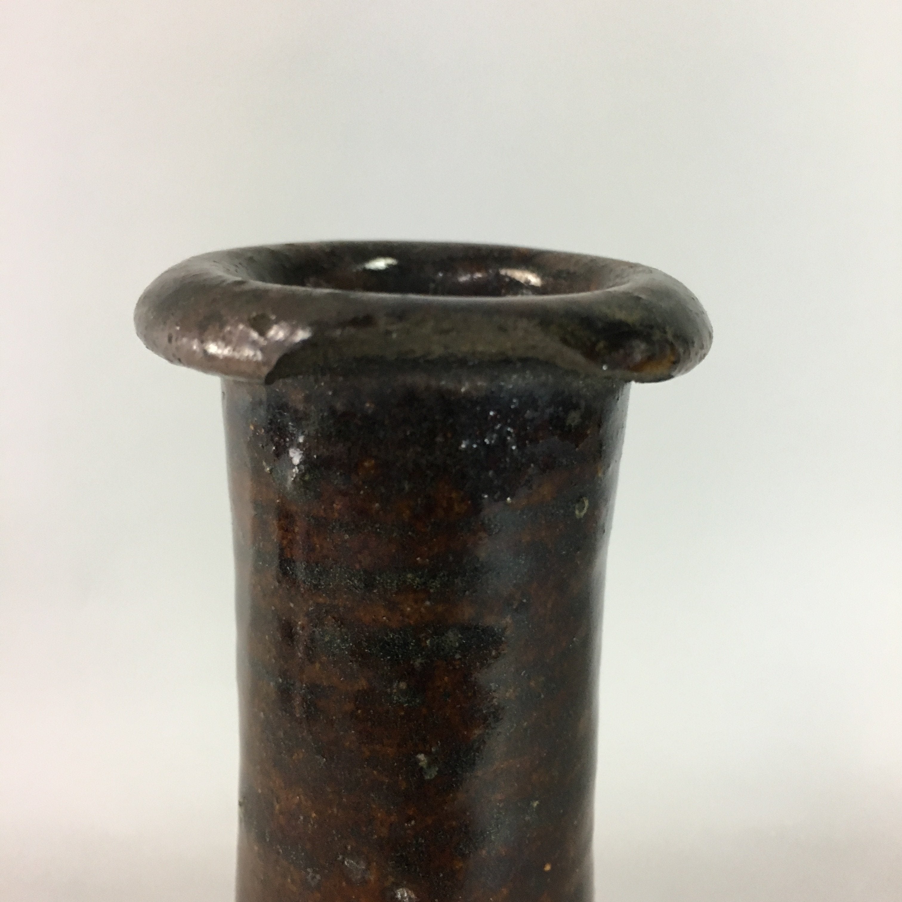 Japanese Ceramic Sake Bottle Vtg Pottery Tokkuri Brown Crane Neck TS179