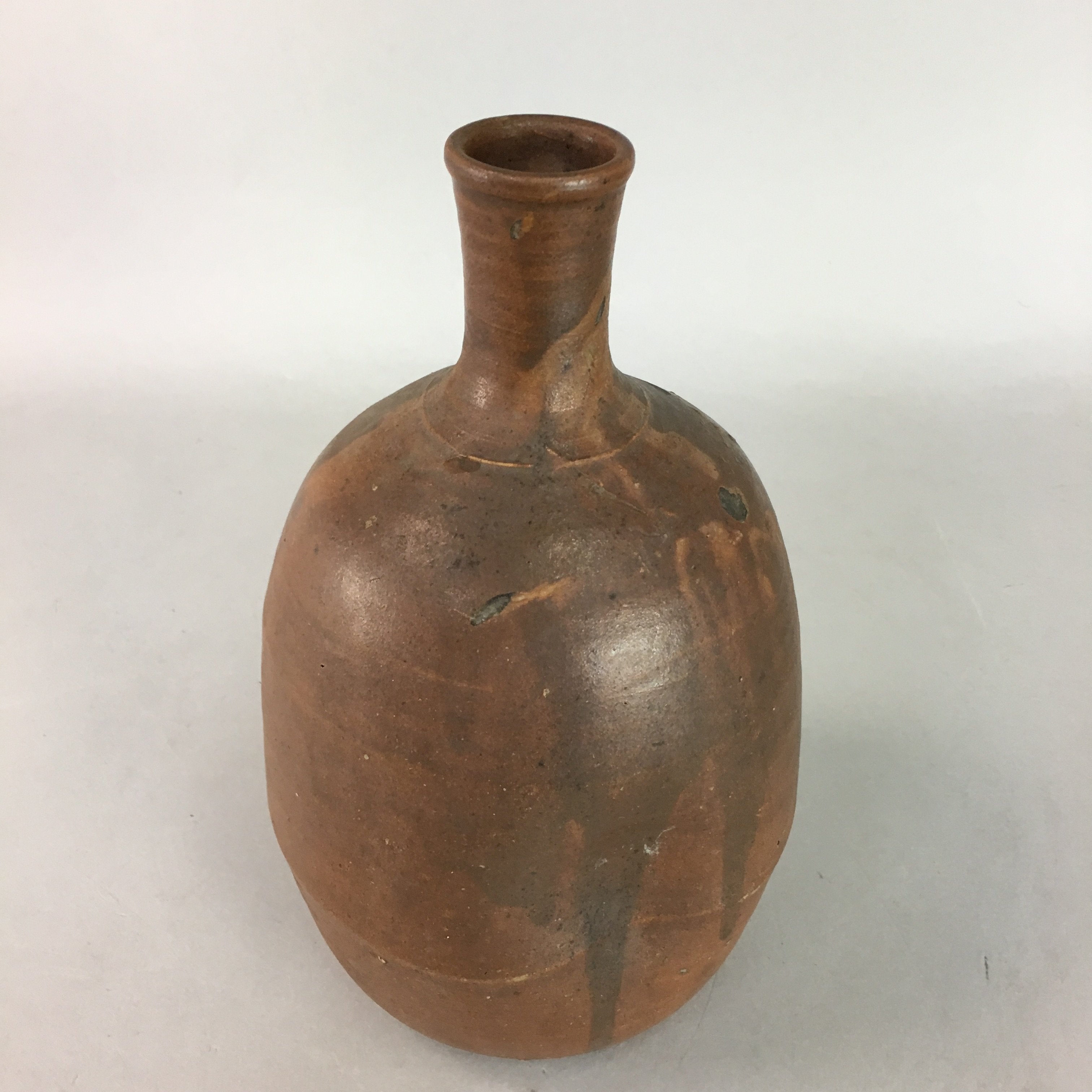 Japanese Ceramic Sake Bottle Vtg Pottery Tokkuri Brown Natural Glaze Dent TS172