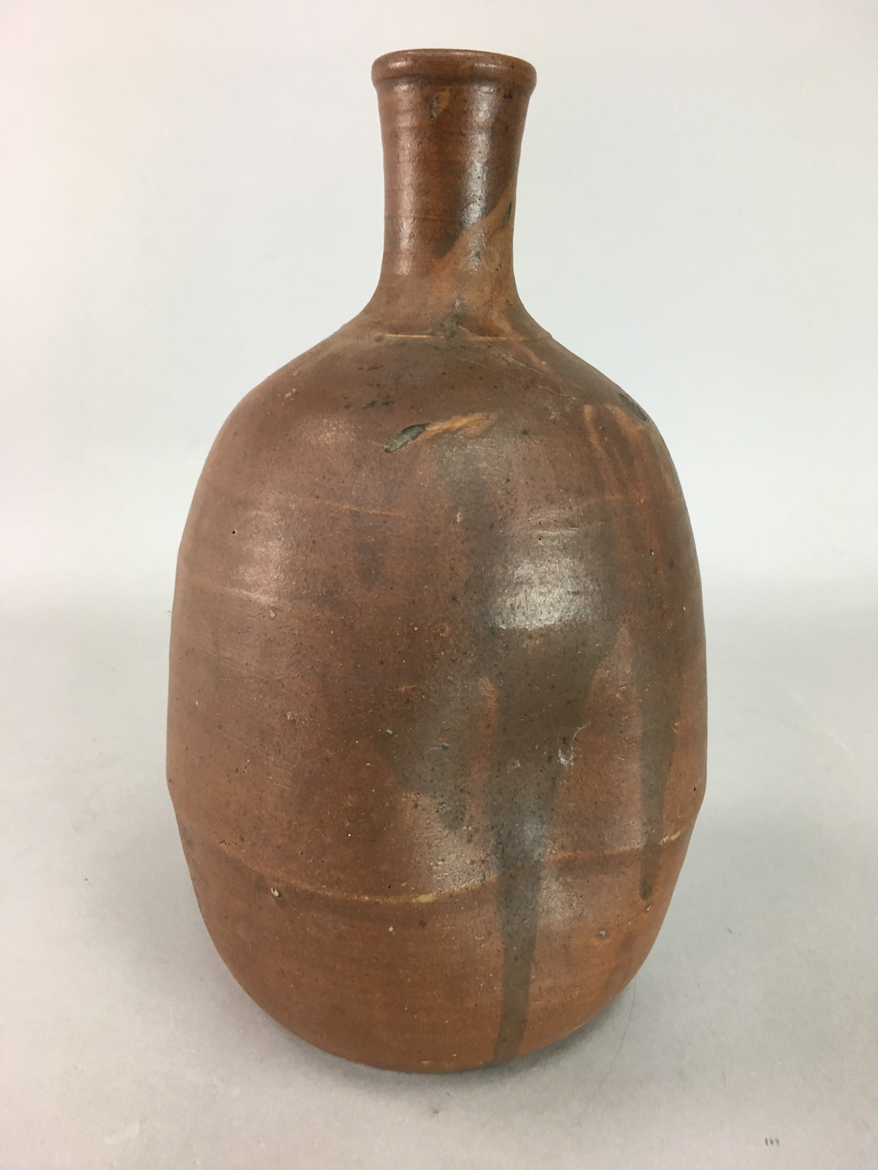 Japanese Ceramic Sake Bottle Vtg Pottery Tokkuri Brown Natural Glaze Dent TS172