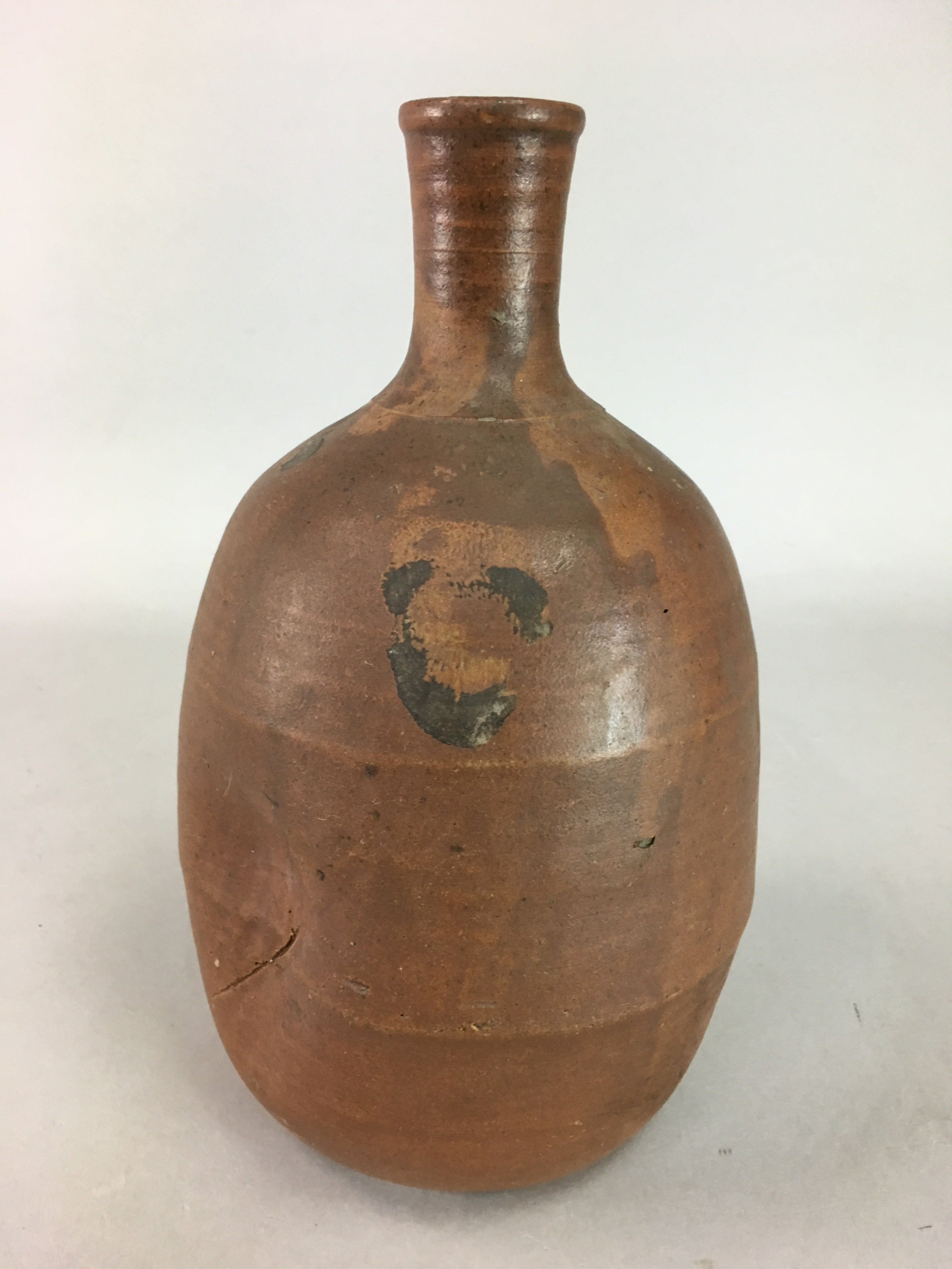 Japanese Ceramic Sake Bottle Vtg Pottery Tokkuri Brown Natural Glaze Dent TS172