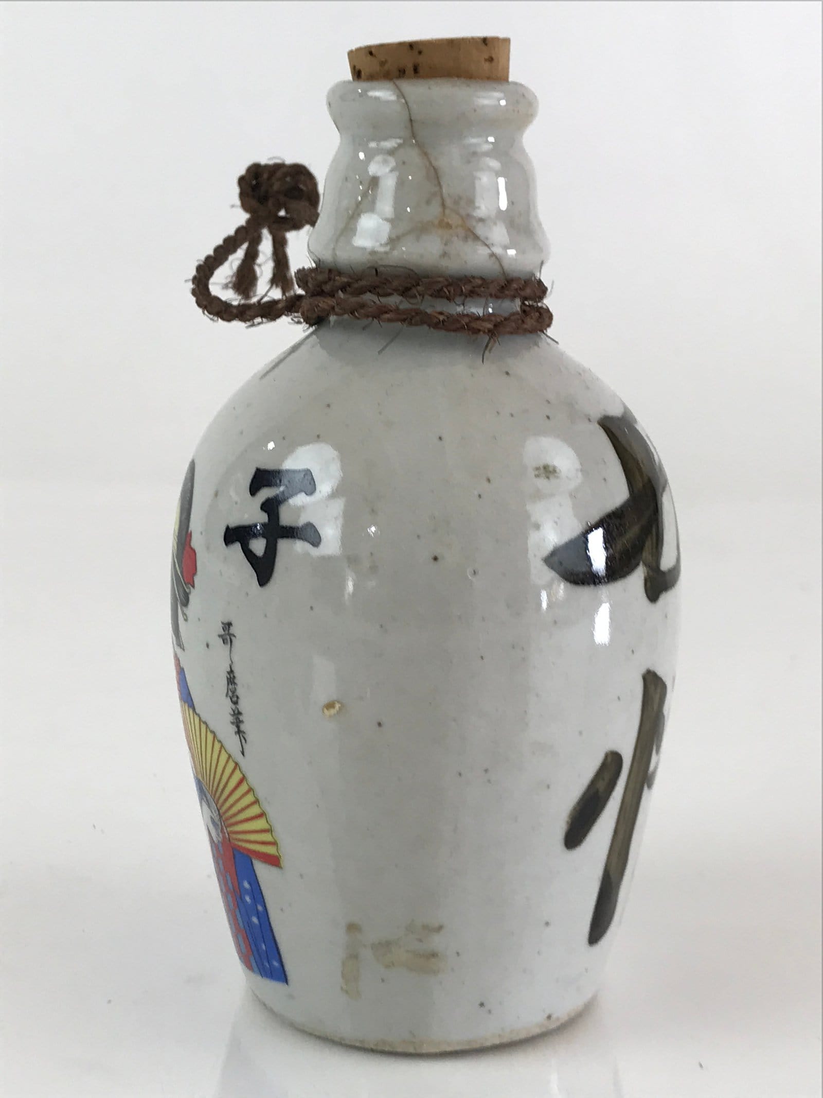Japanese Ceramic Sake Bottle Vtg Pottery Ukiyo-e Tokkuri Gray TS469