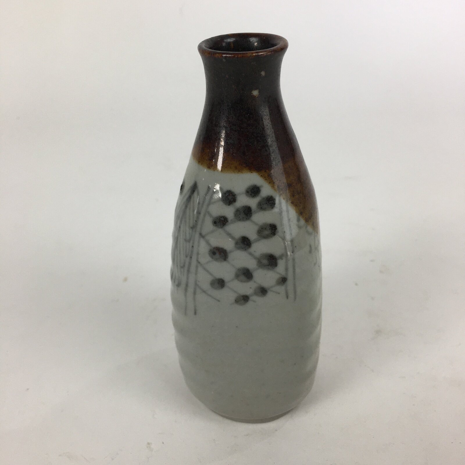 Japanese Ceramic Sake Bottle Vtg Pottery Yakimono Gray Poetry Tokkuri TS322
