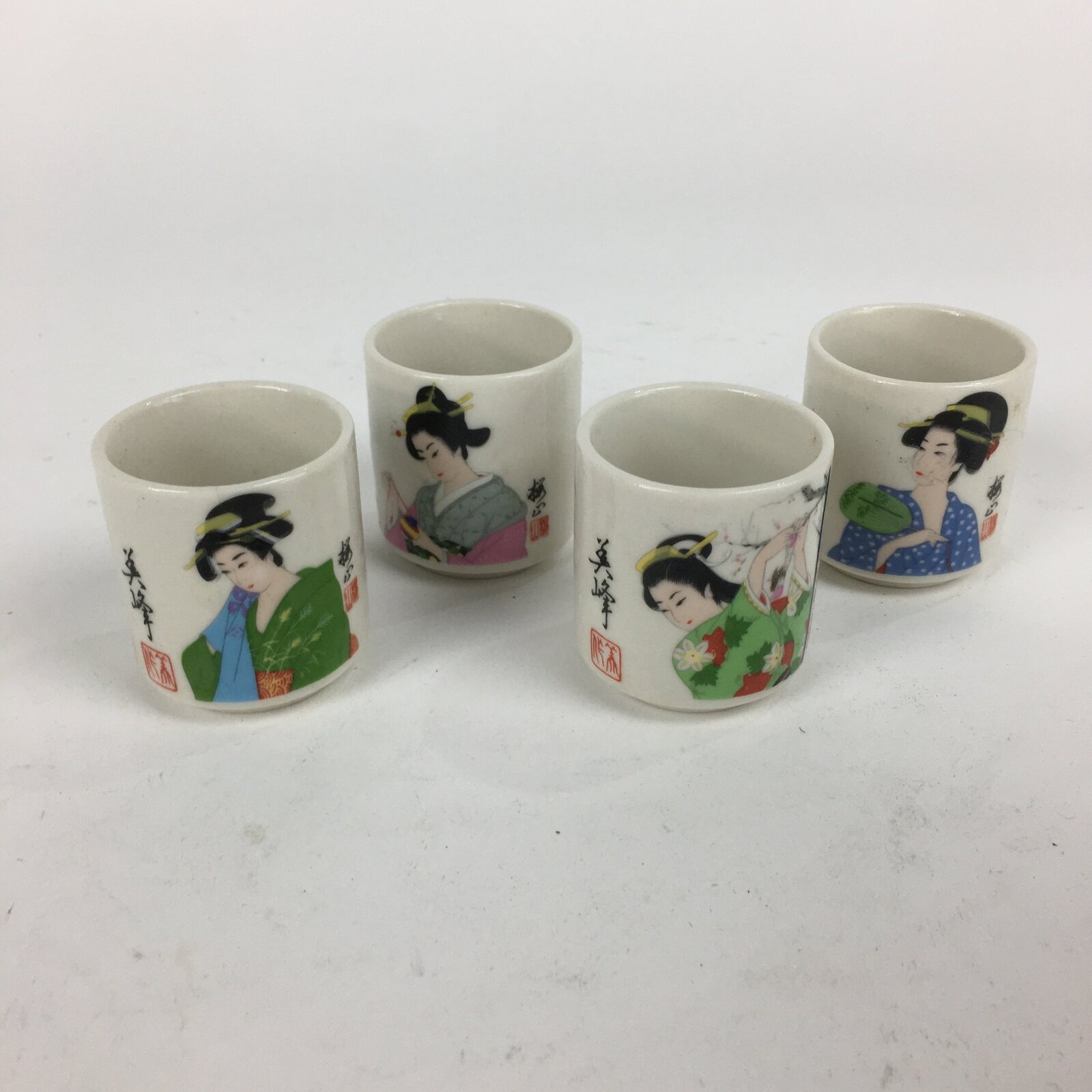 Japanese Ceramic Sake Cup 4pc Set Vtg Boxed Miho Ochiko Guinomi PX593
