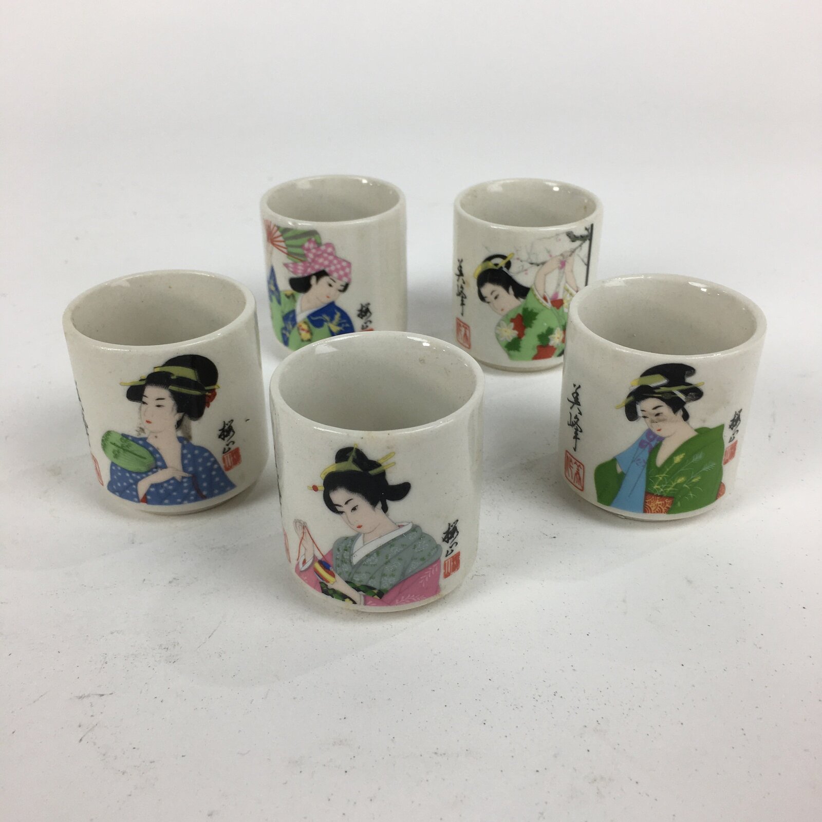 Japanese Ceramic Sake Cup 5pc Set Vtg Boxed Miho Ochiko Guinomi PX592