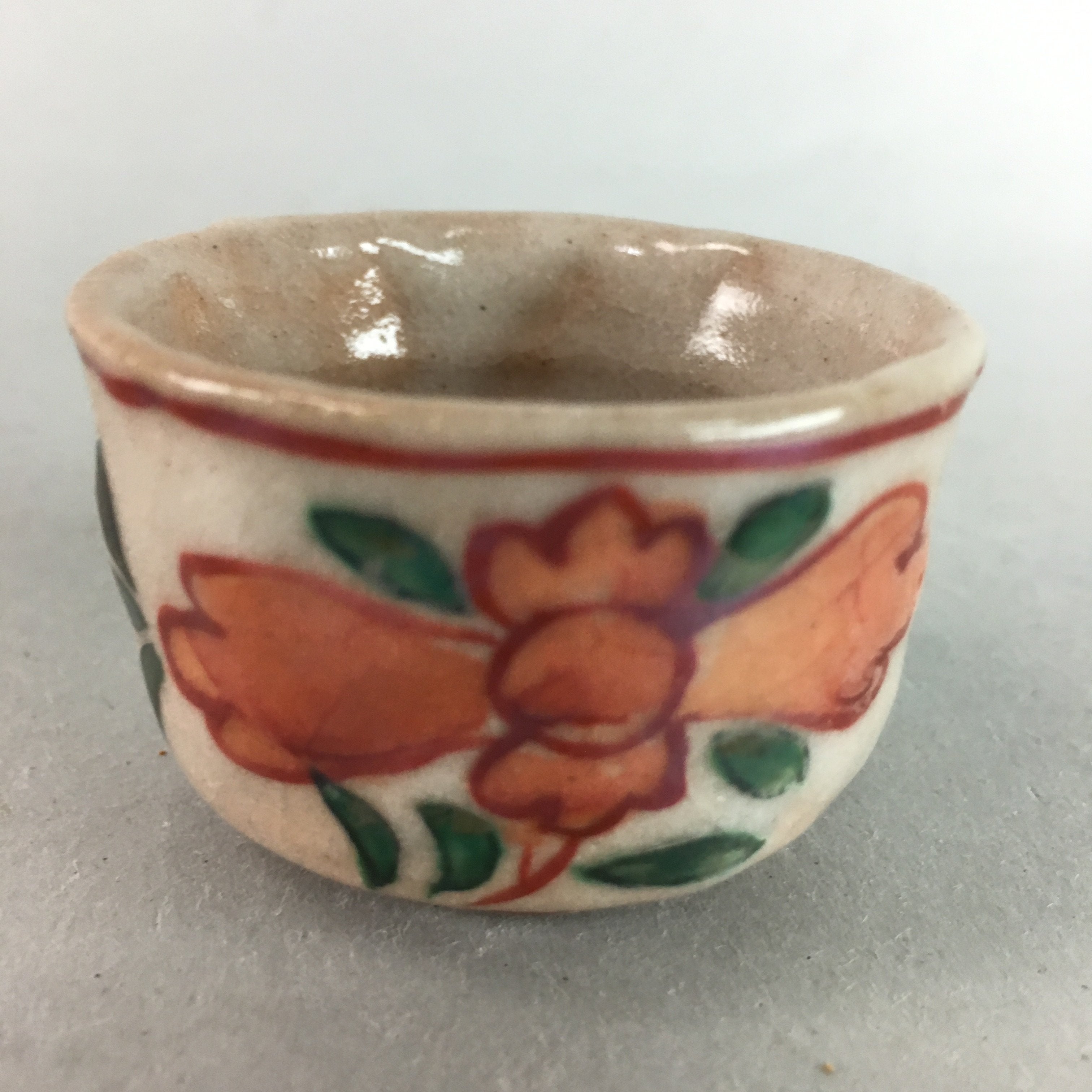 Japanese Ceramic Sake Cup Guinomi Sakazuki Vtg Floral Pottery Crackle GU556