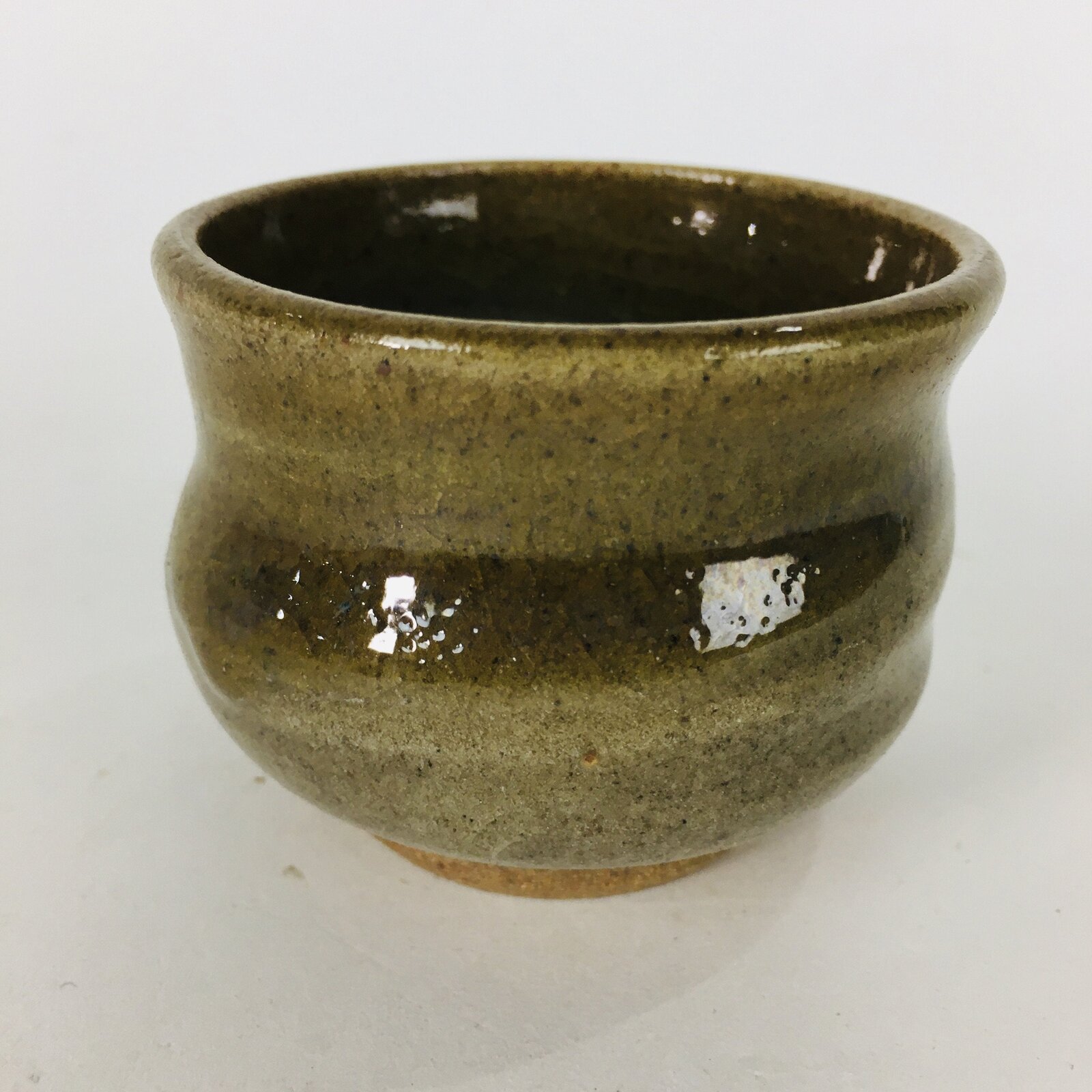 Japanese Ceramic Sake Cup Mino Ware Vtg Guinomi Ochoko Green Glaze GU904