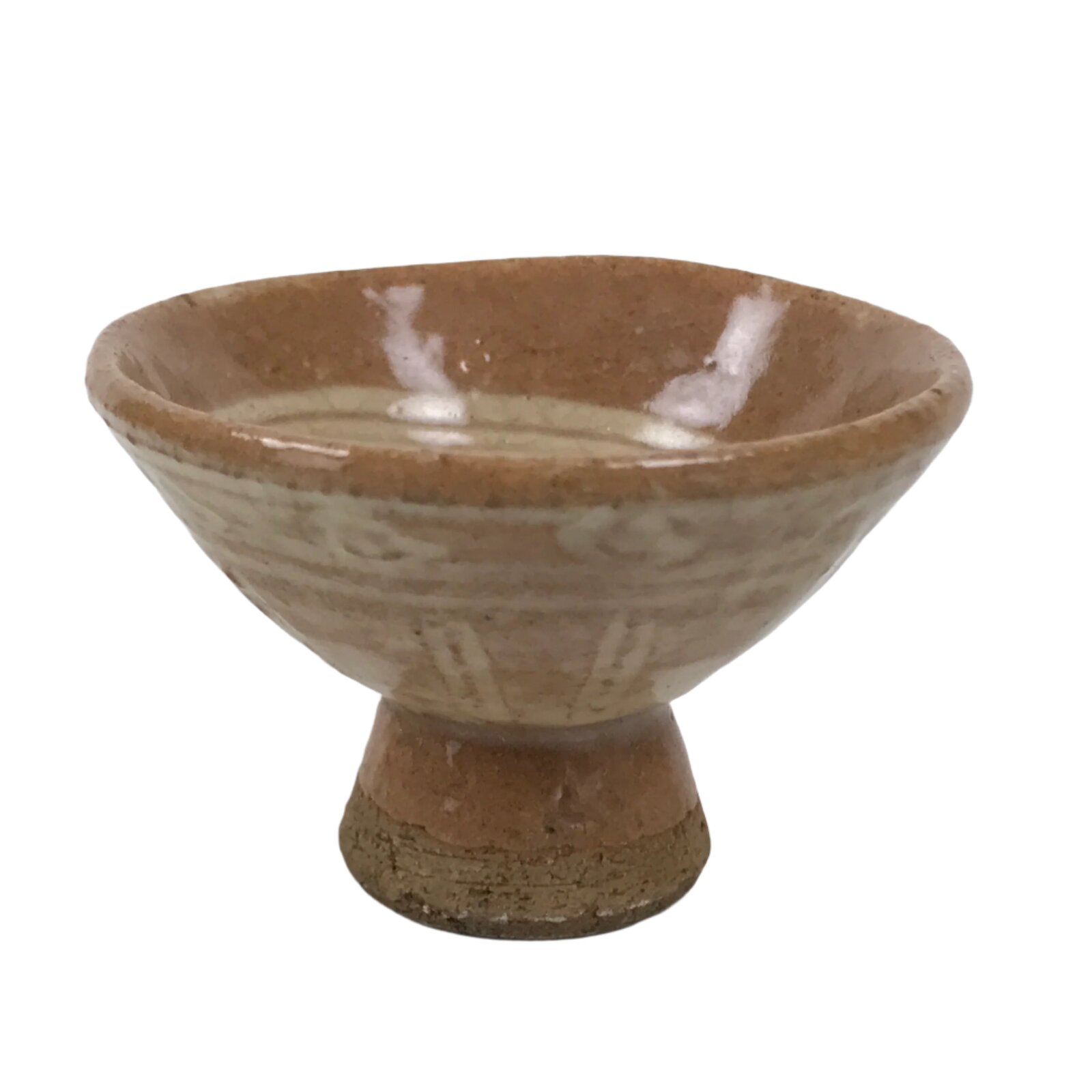 Japanese Ceramic Sake Cup Vtg Guinomi Light Brown Geometric Brush White G282