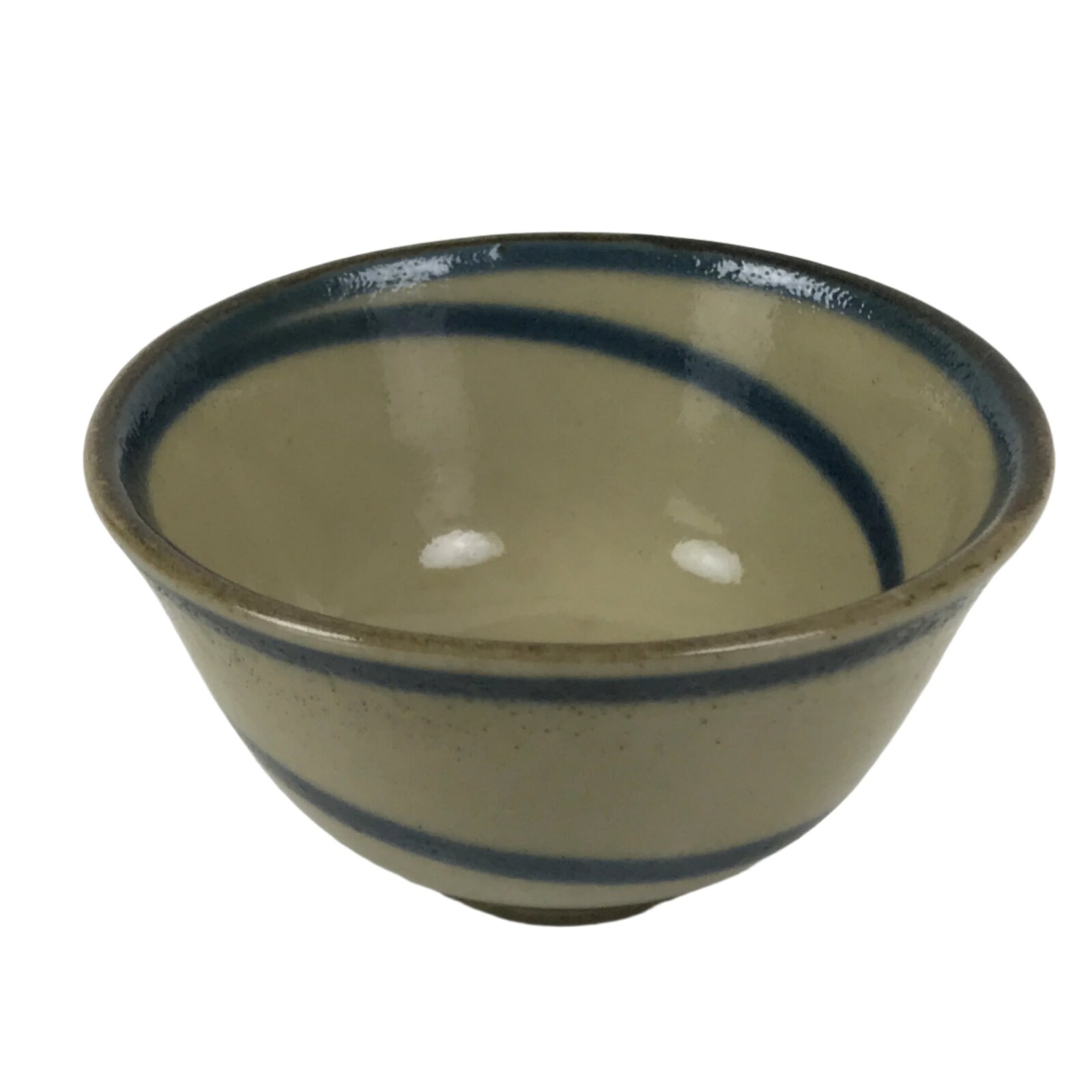 Japanese Ceramic Sake Cup Vtg Guinomi Ochoko Beige Dark Blue Swirl Line G285