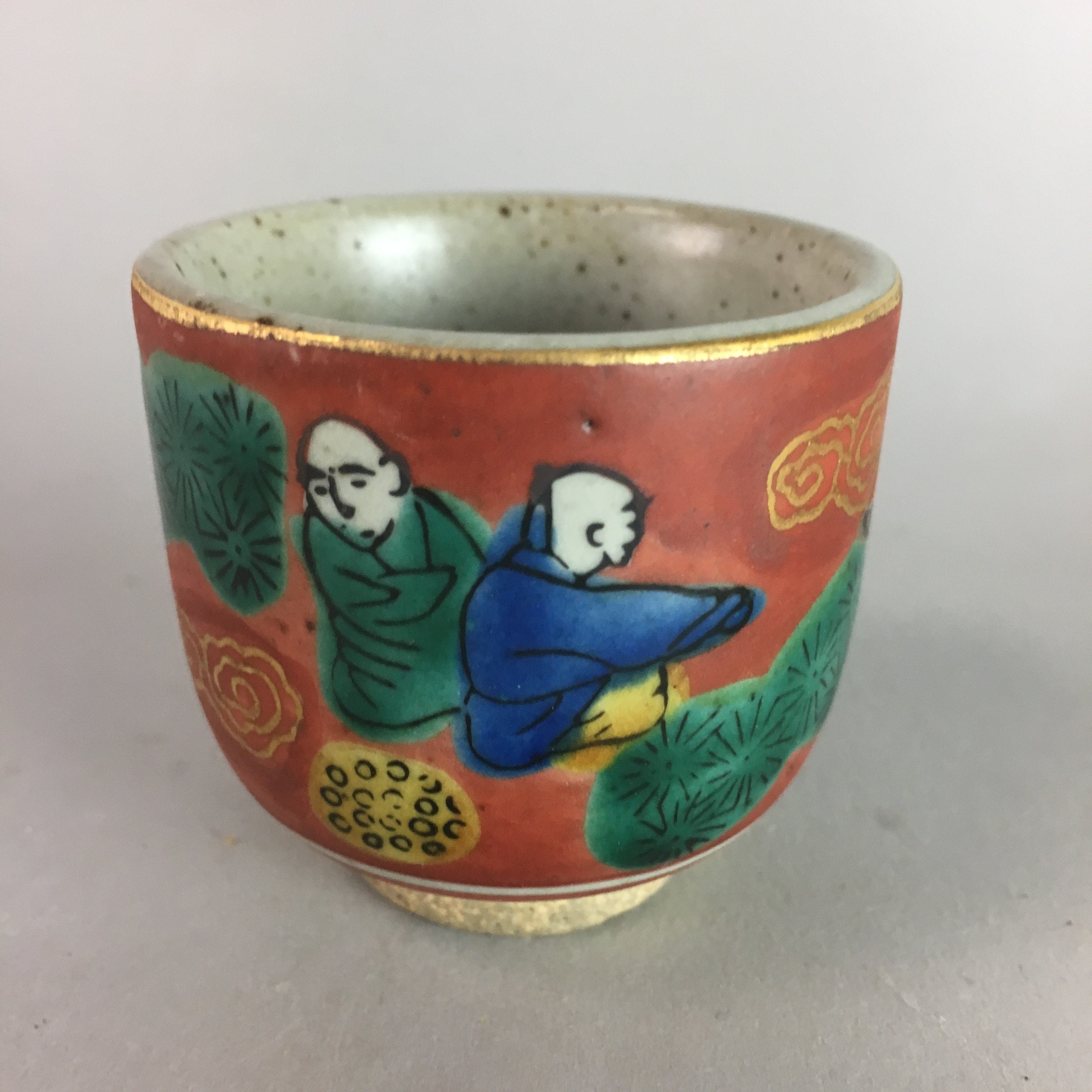 Japanese Ceramic Sake Cup Vtg Kutani Pottery Guinomi Sakazuki Mokubei GU455