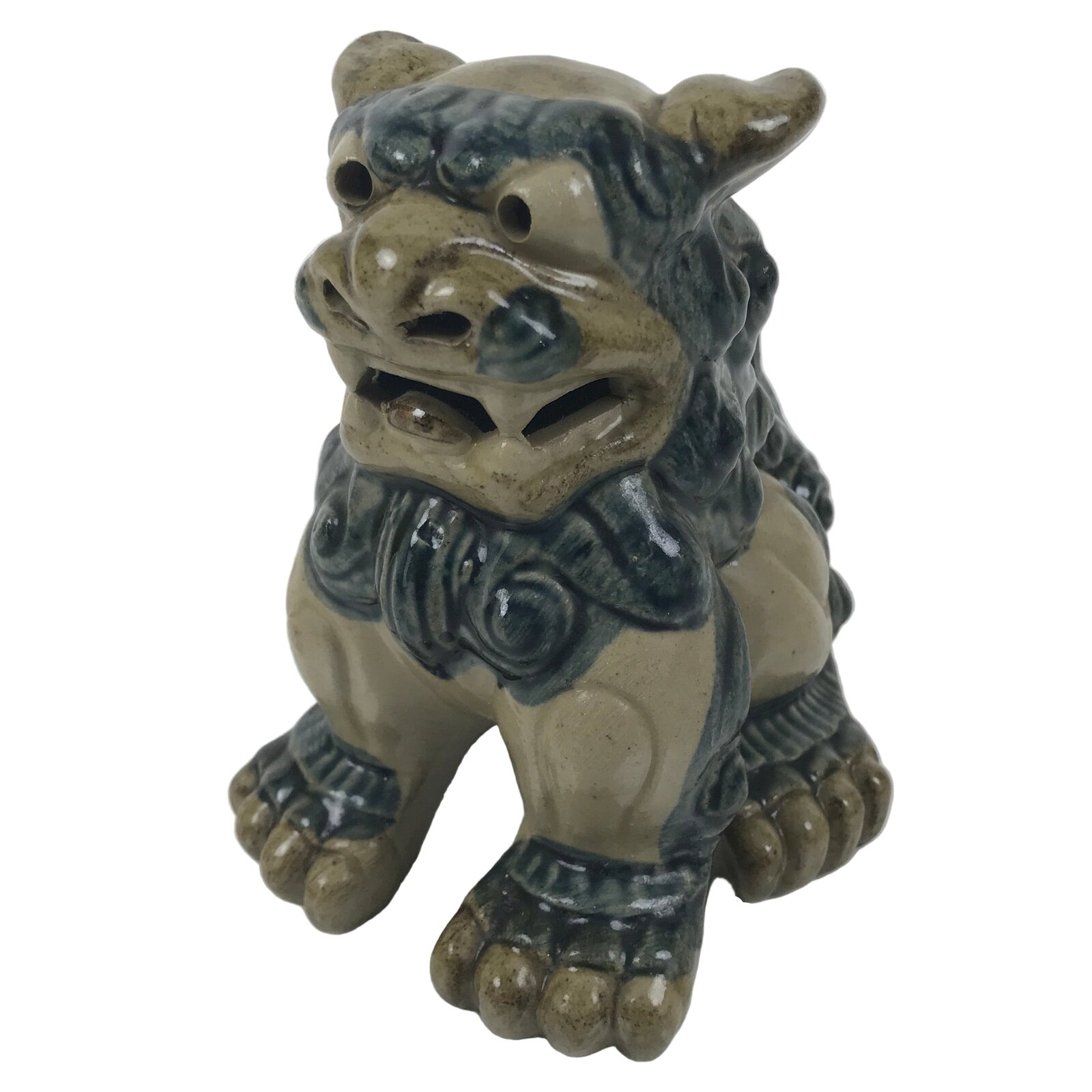 Japanese Ceramic Shishi Foo Lion Dog Statue Vtg Shisa Komainu Beige Blue ST85