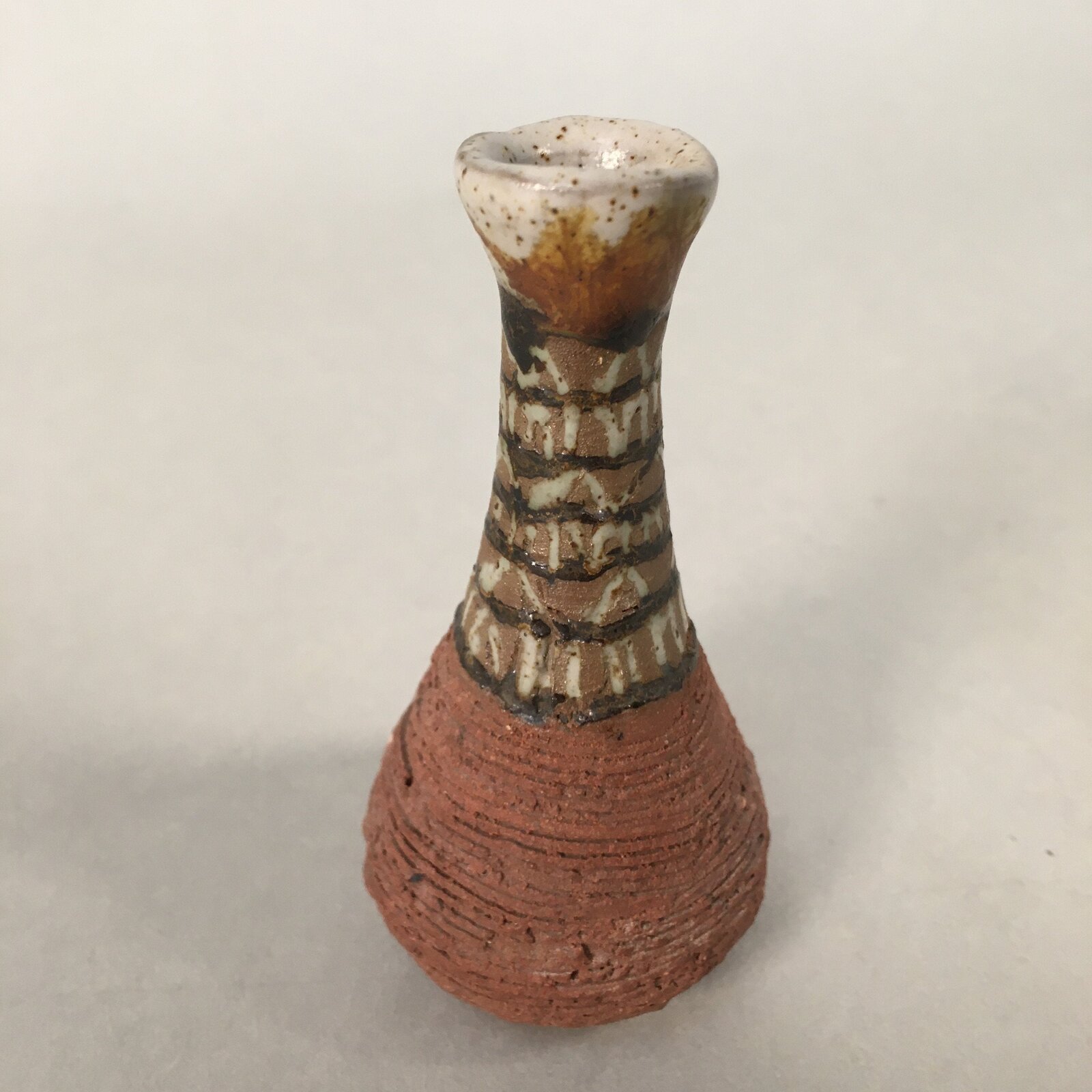 Japanese Ceramic Single Flower Vase Kabin Vtg Pottery Brown Long Neck MFV70
