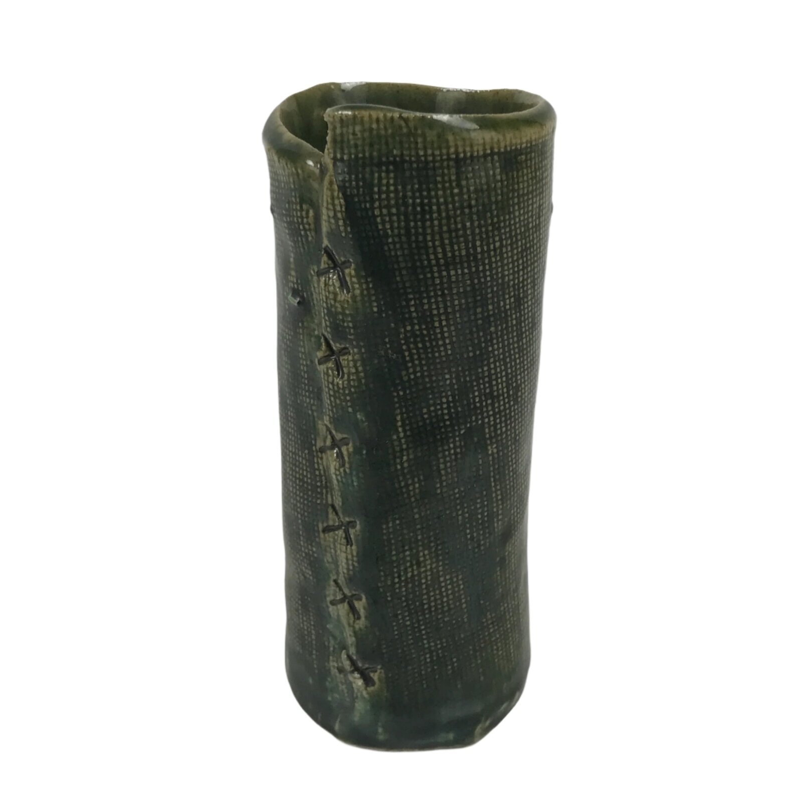 Japanese Ceramic Single Flower Vase Vtg Small Kabin Oribe Ware Green MFV100