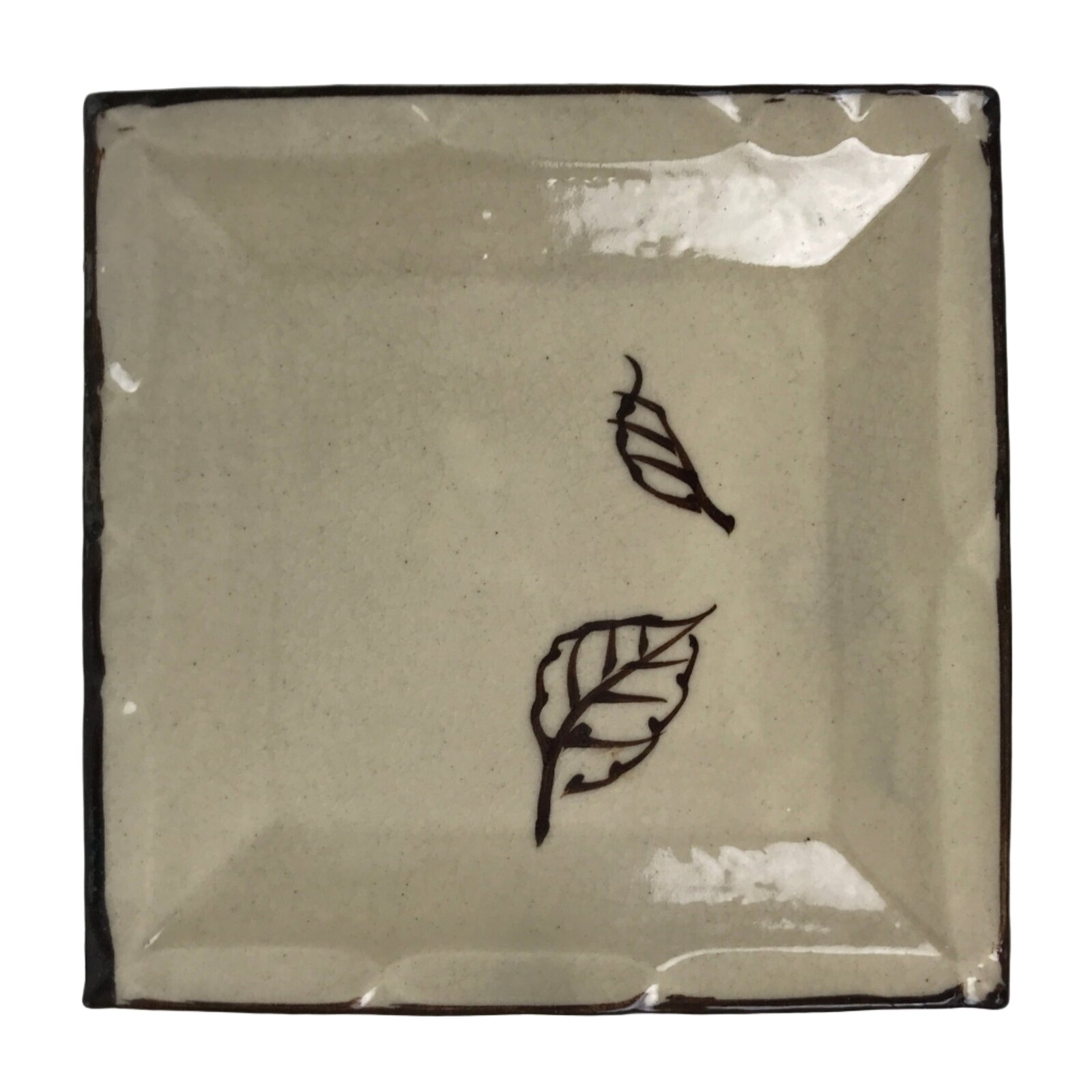 Japanese Ceramic Small Plate Kozara Vtg Sara Square Pottery Beige Leaves Y442