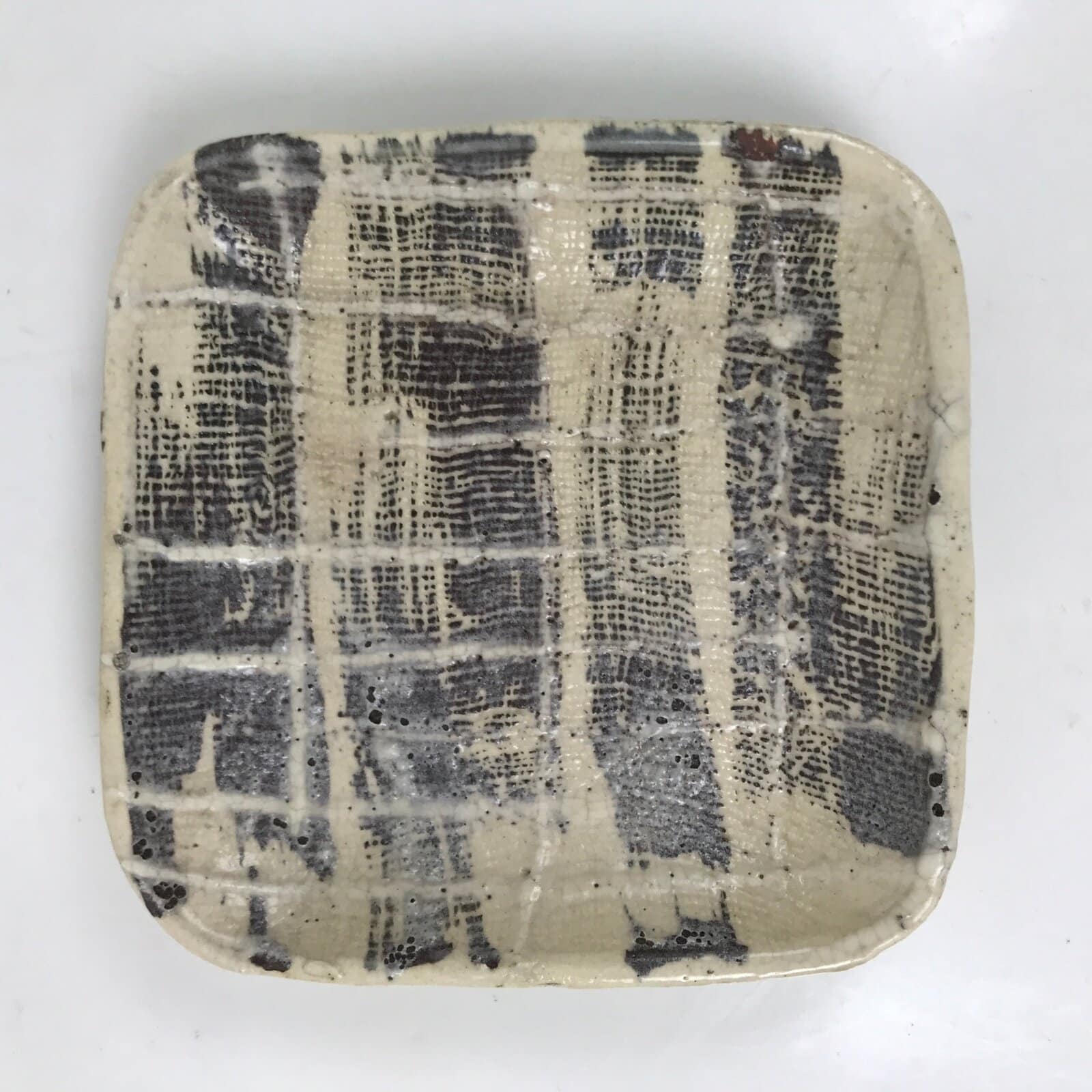 Japanese Ceramic Small Plate Kozara Vtg Sara Square Pottery Black Beige Y233