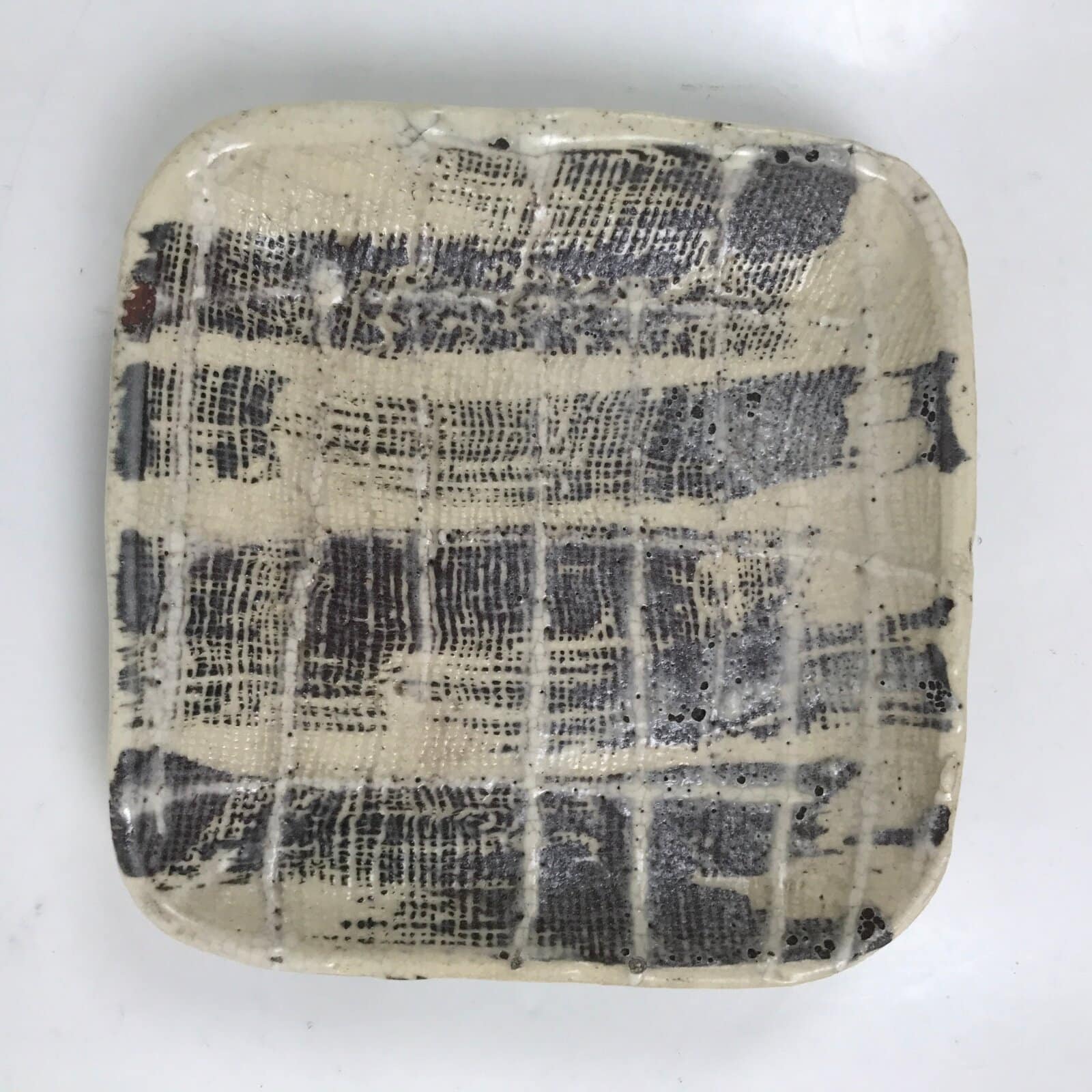 Japanese Ceramic Small Plate Kozara Vtg Sara Square Pottery Black Beige Y233
