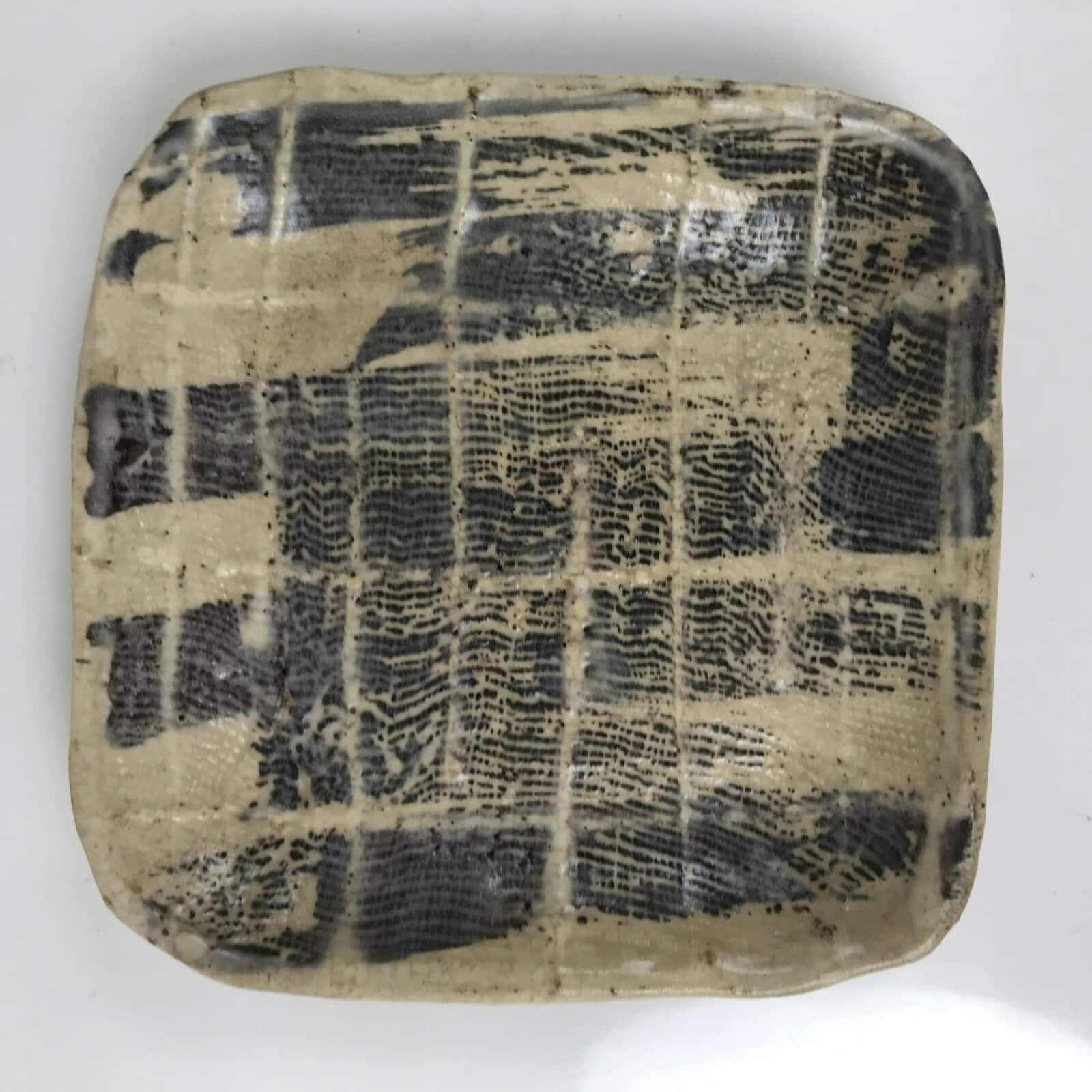 Japanese Ceramic Small Plate Kozara Vtg Sara Square Pottery Black Beige Y235