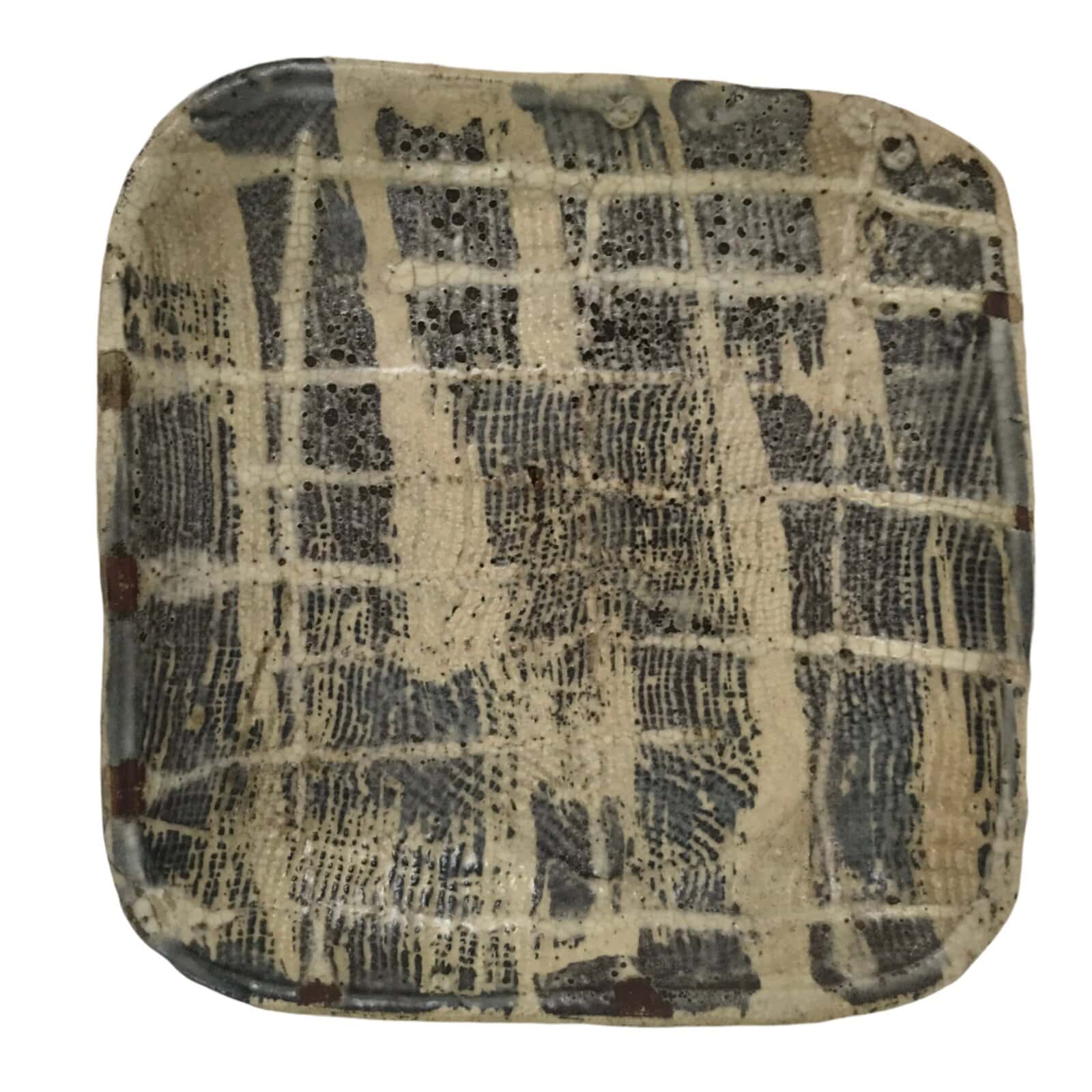 Japanese Ceramic Small Plate Kozara Vtg Sara Square Pottery Black Beige Y236