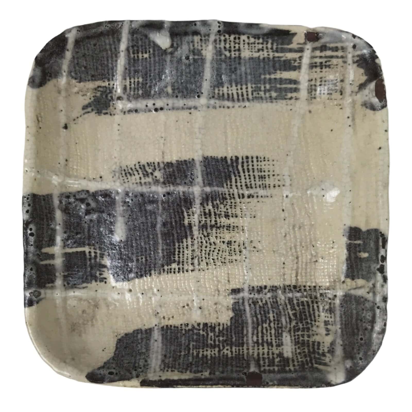 Japanese Ceramic Small Plate Kozara Vtg Sara Square Pottery Black Beige Y240