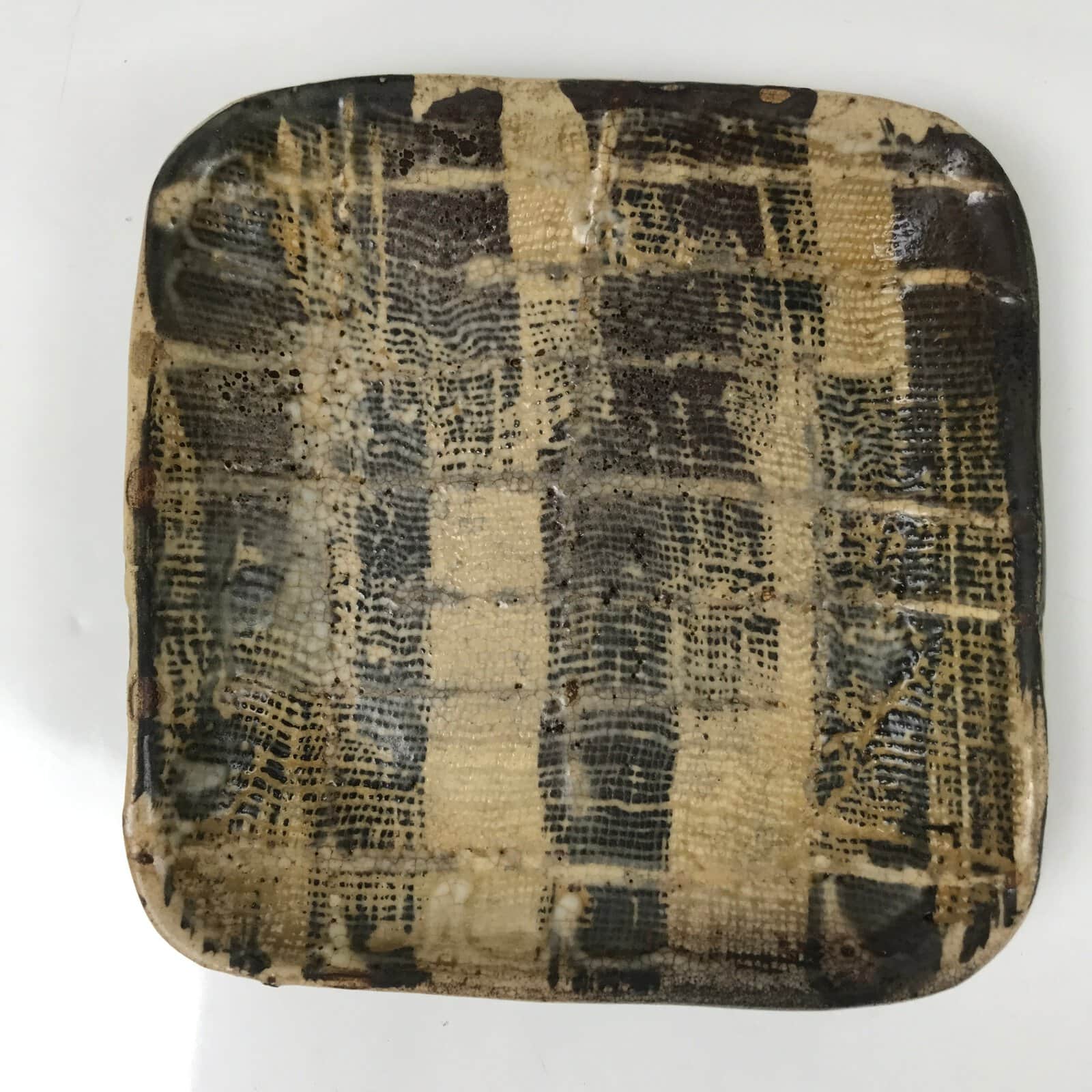 Japanese Ceramic Small Plate Kozara Vtg Sara Square Pottery Black Brown Y237