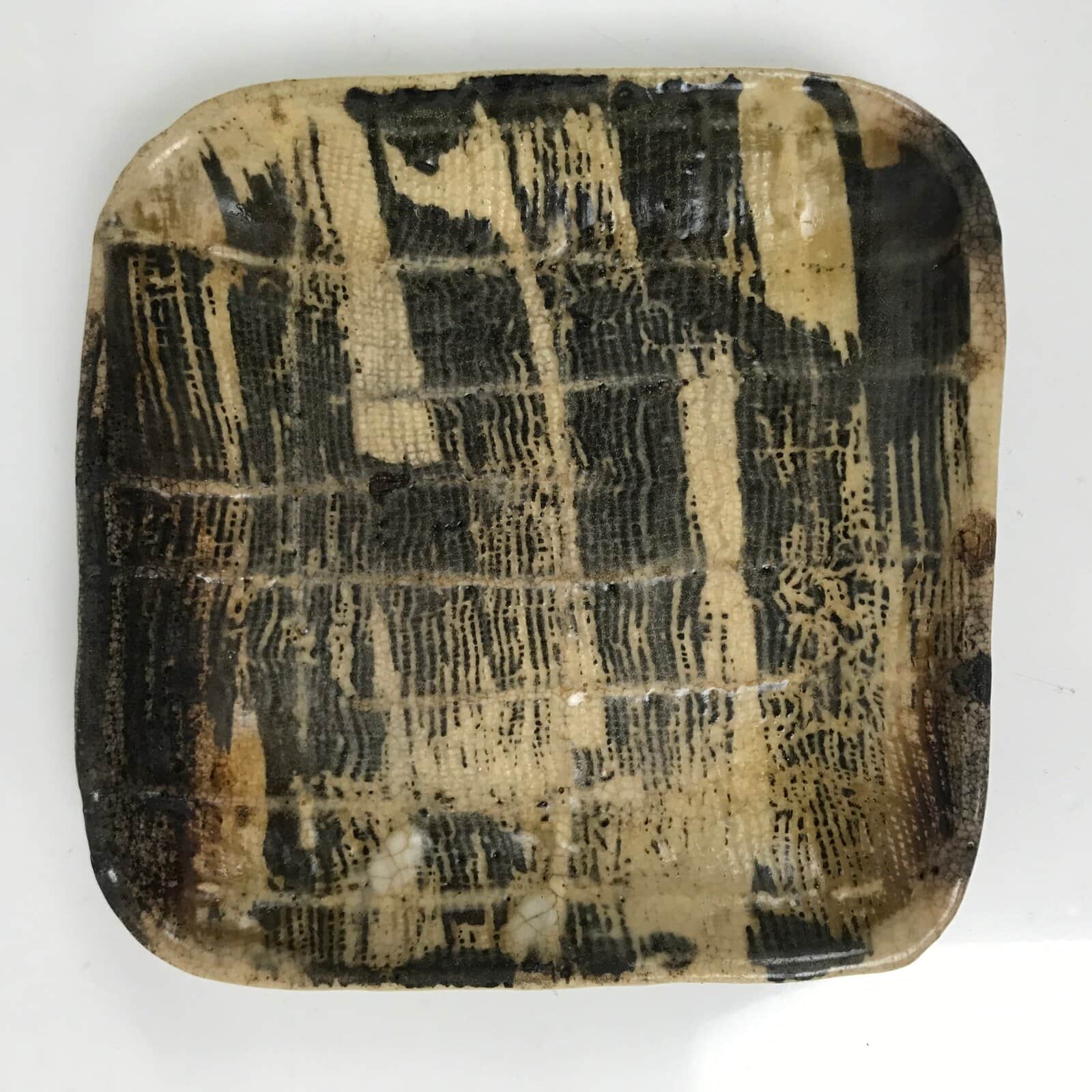 Japanese Ceramic Small Plate Kozara Vtg Sara Square Pottery Black Brown Y238