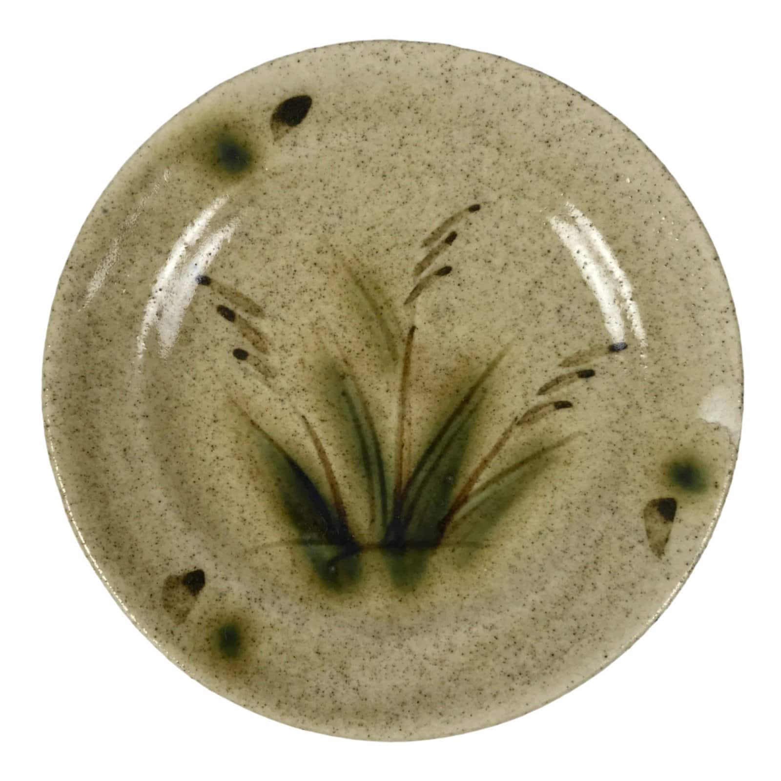 Japanese Ceramic Small Plate Mamezara Side Dish Vtg Beige Green Plants Y467