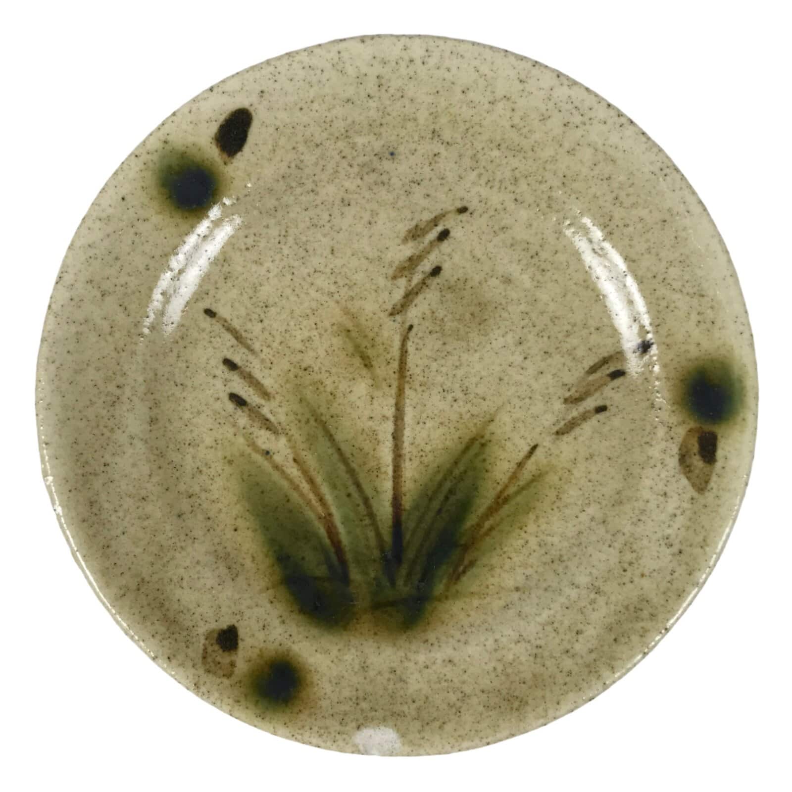 Japanese Ceramic Small Plate Mamezara Side Dish Vtg Beige Green Plants Y468