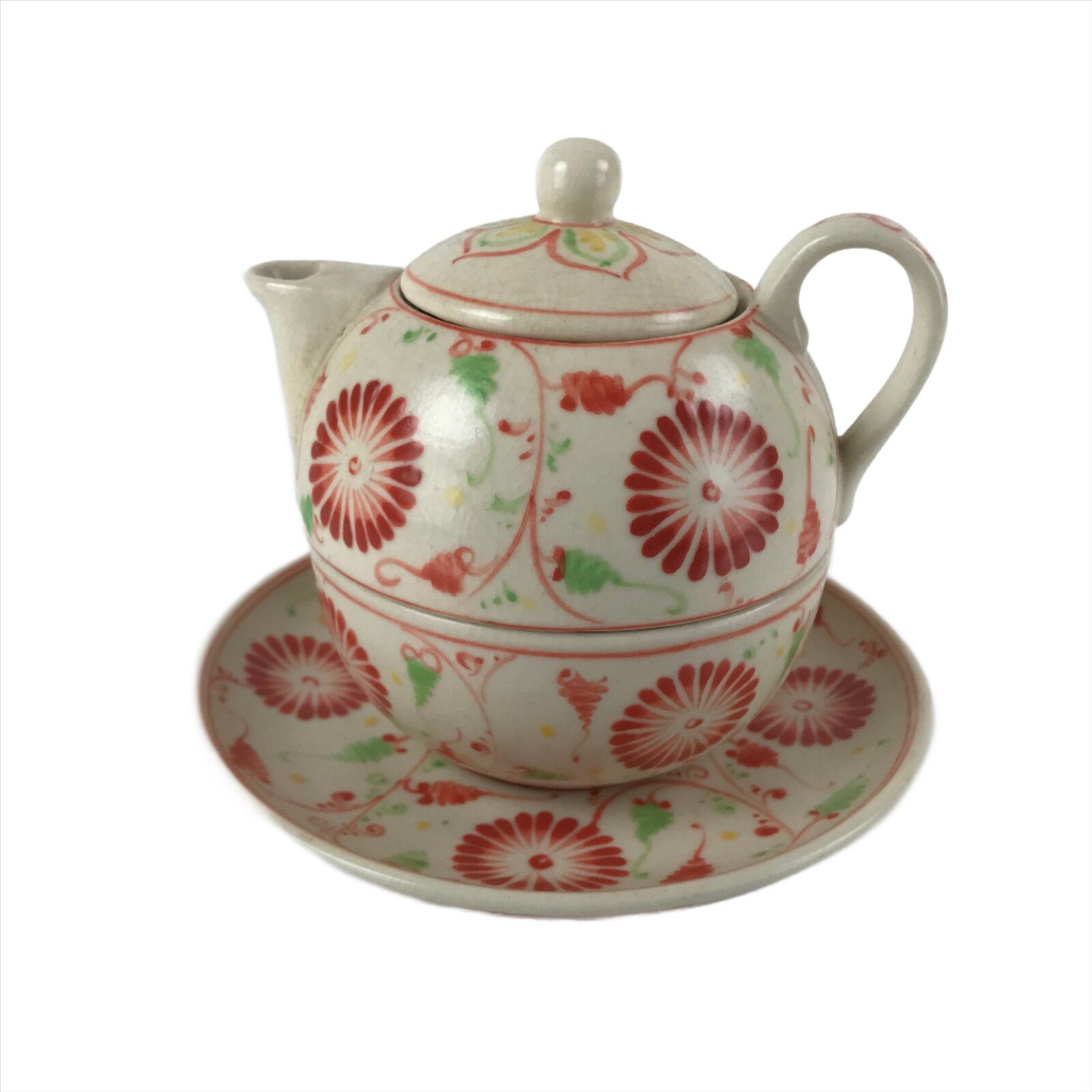 Japanese Ceramic Stacking Lidded Teapot Teacup Saucer Set Floral Beige Red PY717