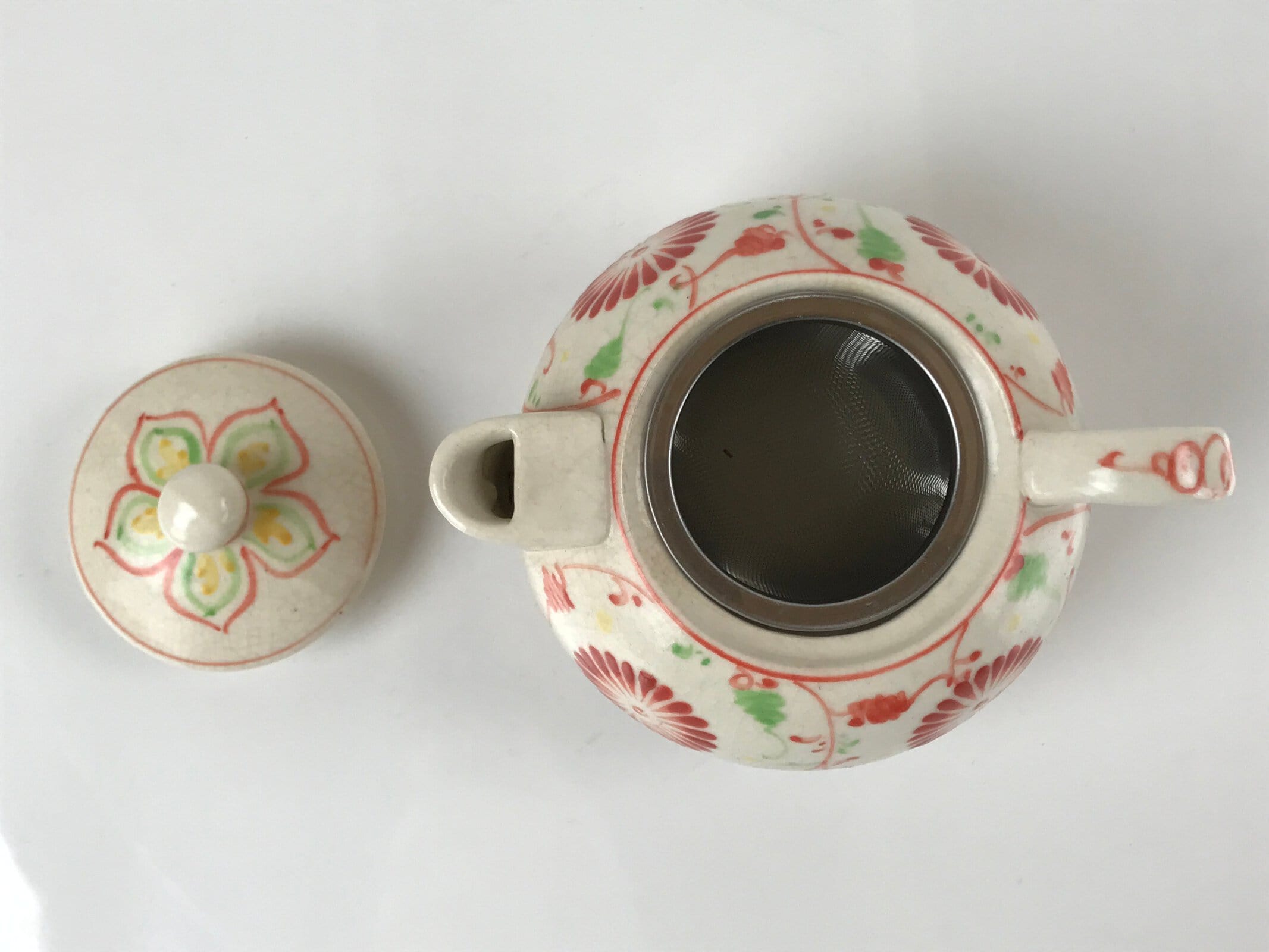 Japanese Ceramic Stacking Lidded Teapot Teacup Saucer Set Floral Beige Red PY717