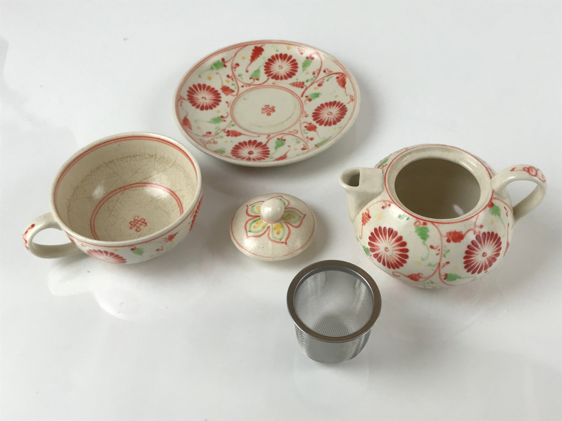 Japanese Ceramic Stacking Lidded Teapot Teacup Saucer Set Floral Beige Red PY717