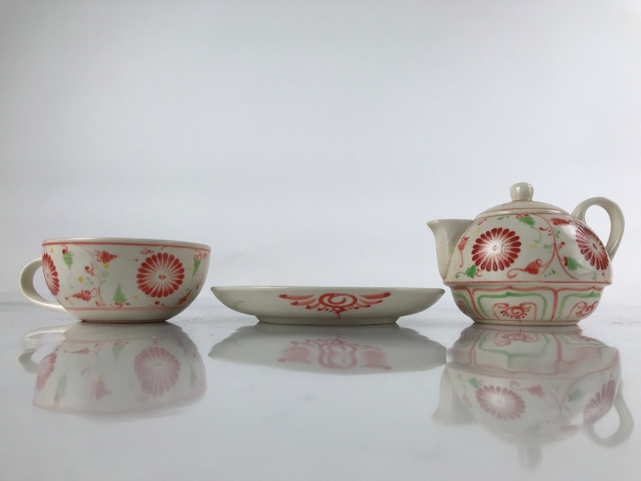 Japanese Ceramic Stacking Lidded Teapot Teacup Saucer Set Floral Beige Red PY717