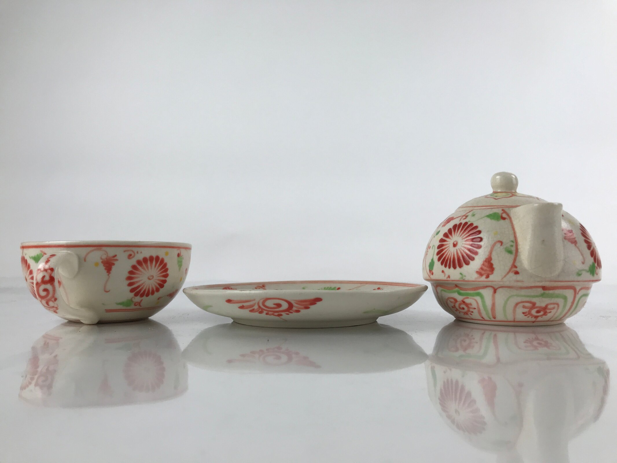 Japanese Ceramic Stacking Lidded Teapot Teacup Saucer Set Floral Beige Red PY717