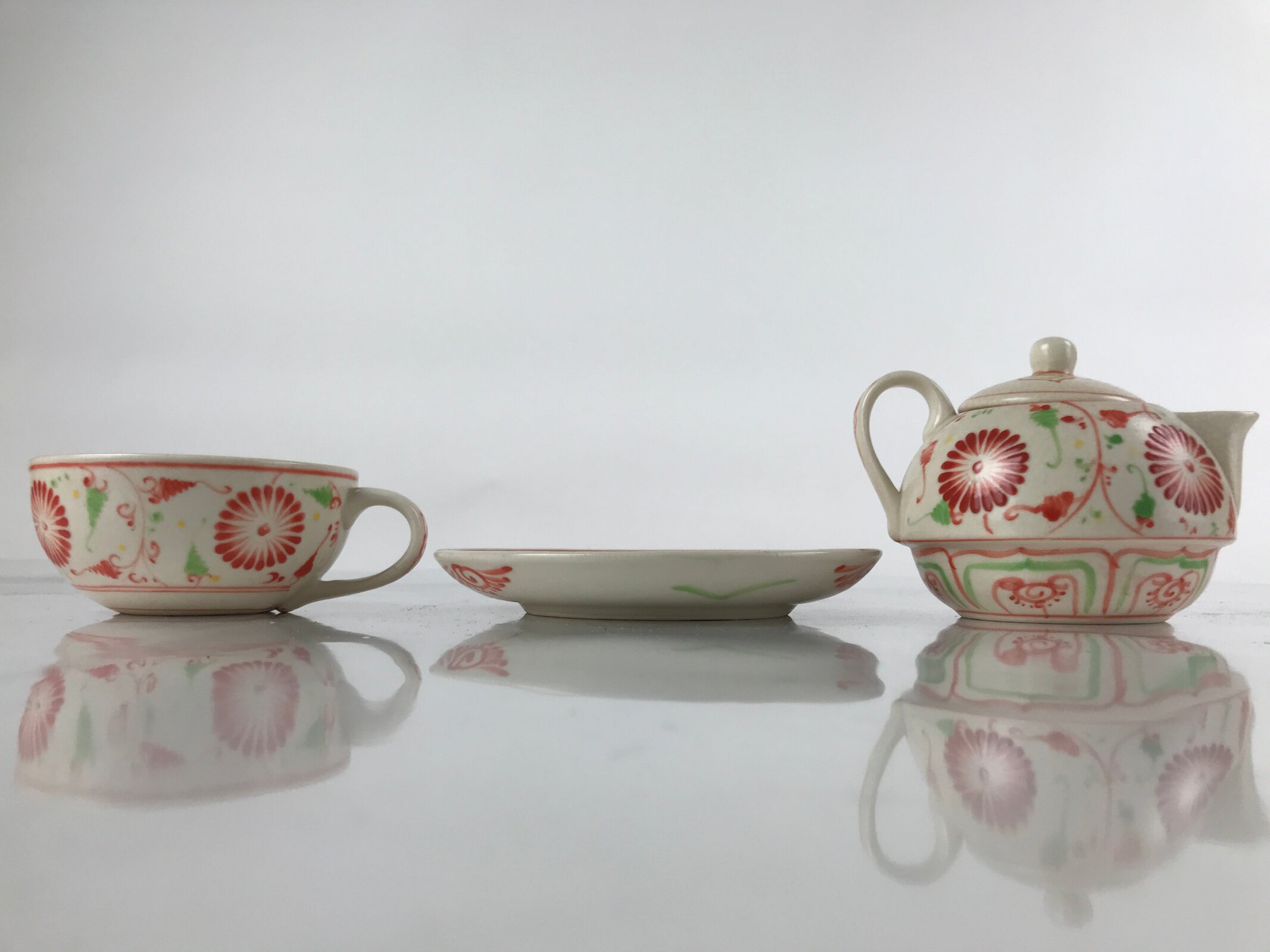 Japanese Ceramic Stacking Lidded Teapot Teacup Saucer Set Floral Beige Red PY717