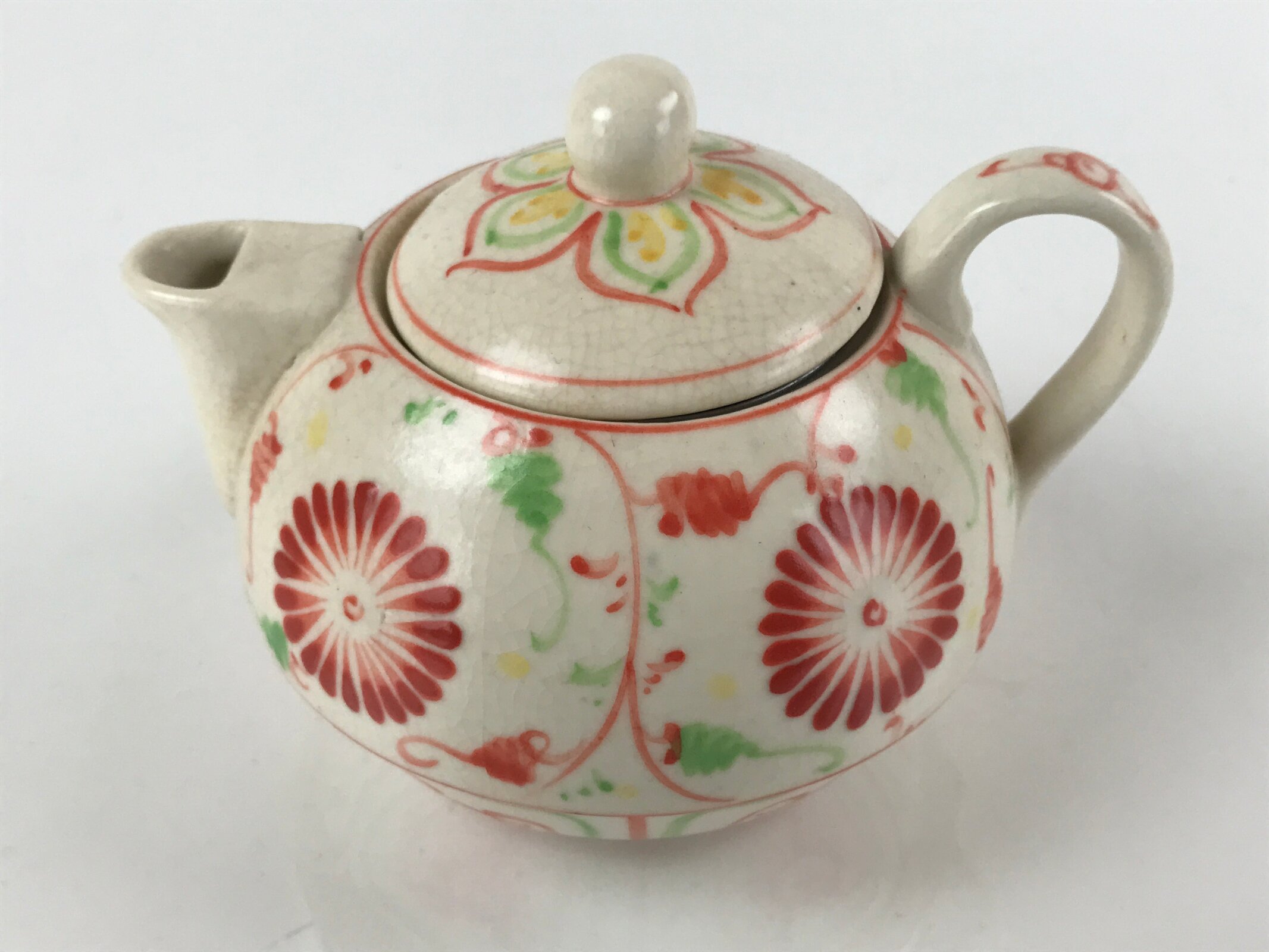 Japanese Ceramic Stacking Lidded Teapot Teacup Saucer Set Floral Beige Red PY717