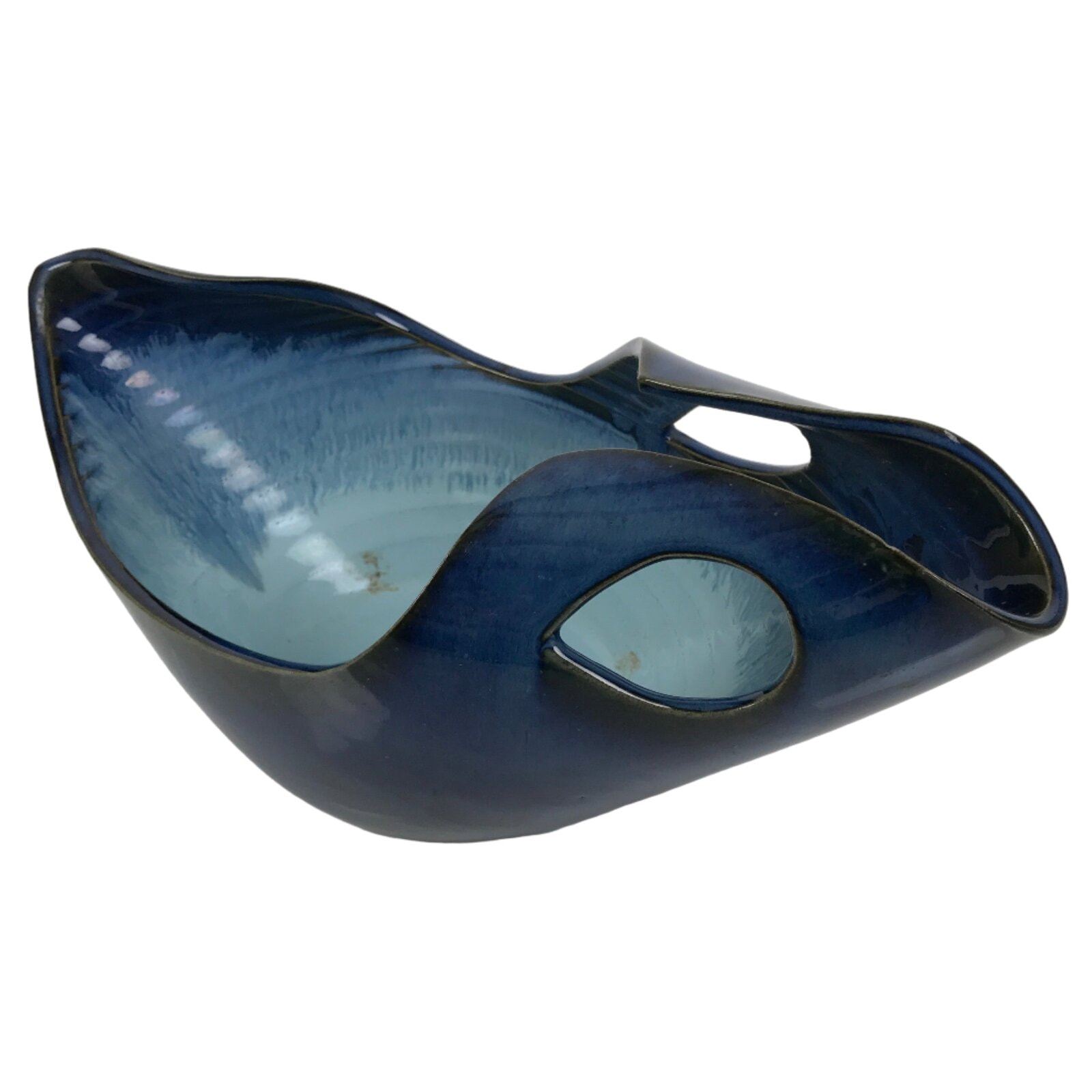 Japanese Ceramic Suiban Flower Vase Pottery Ikebana Accessory Blue Abstract Y532