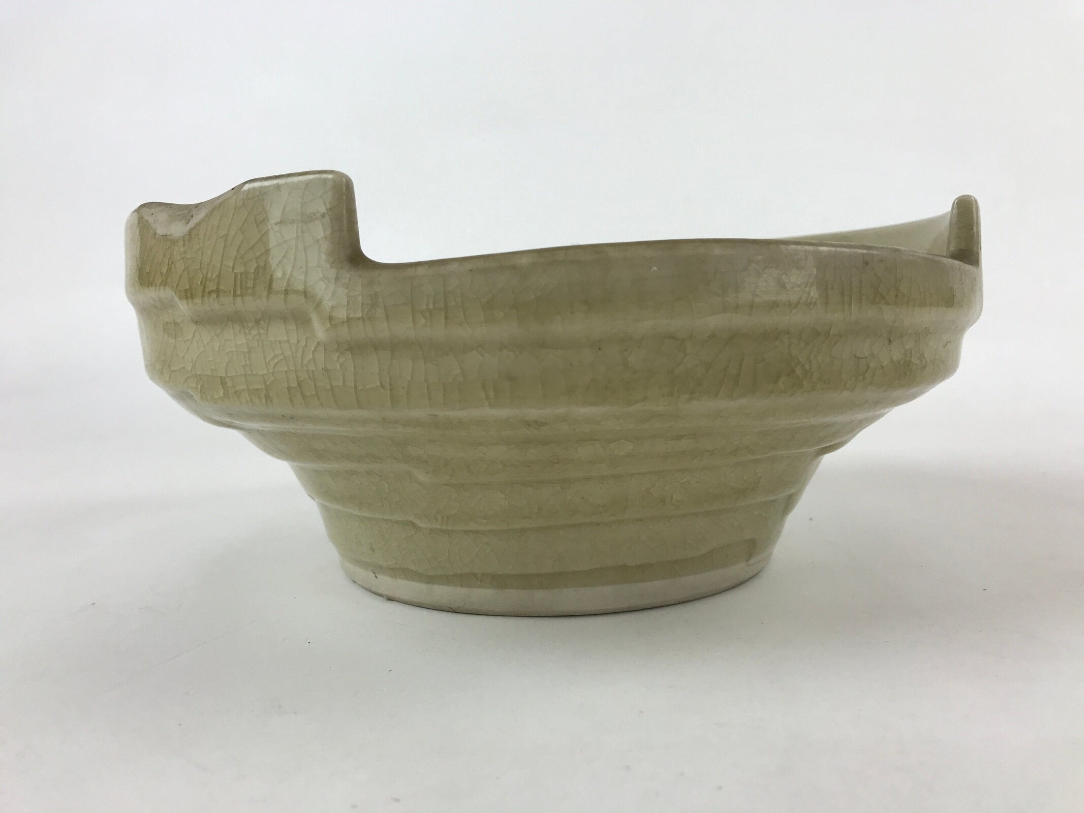 Japanese Ceramic Suiban Flower Vase Vtg Pottery Ikebana Arrangement Beige PY553