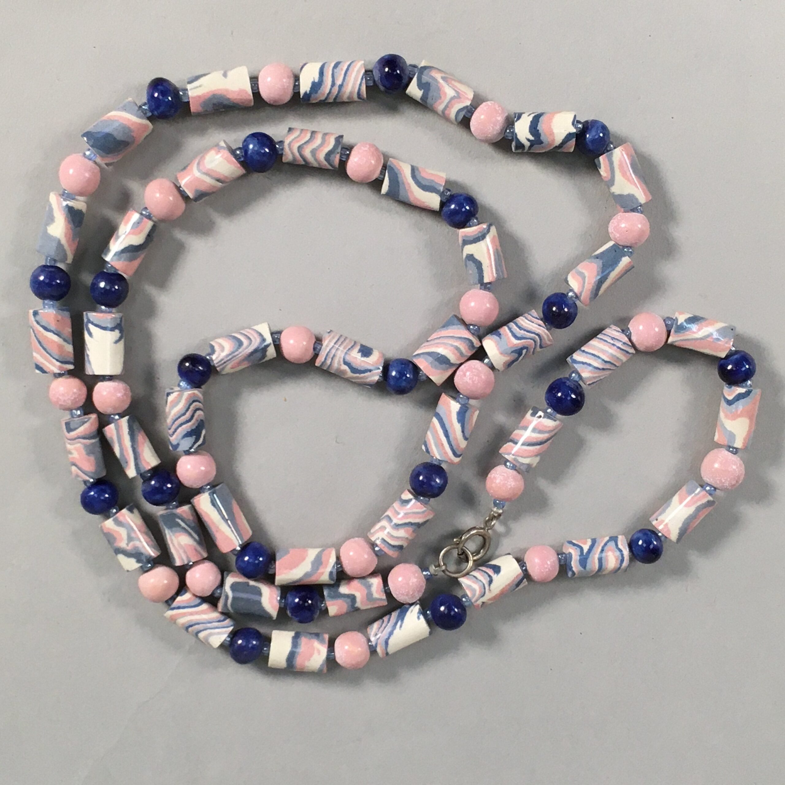 Japanese Ceramic Swirl Beads Necklace Vtg Blue Pink White 101cm Long JK36