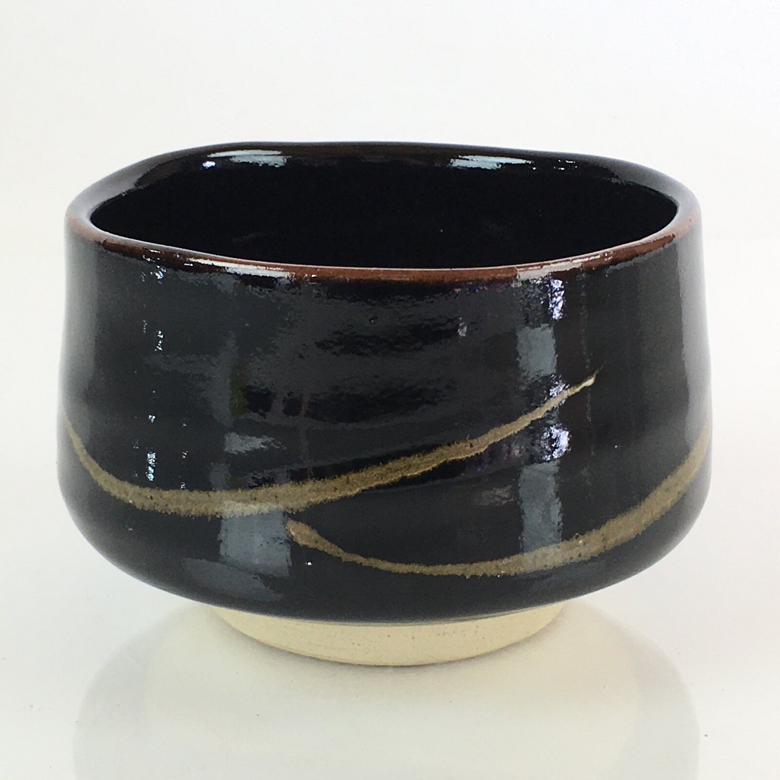 Japanese Ceramic Tea Ceremony Green Tea Bowl Vtg Chawan Black GTB953