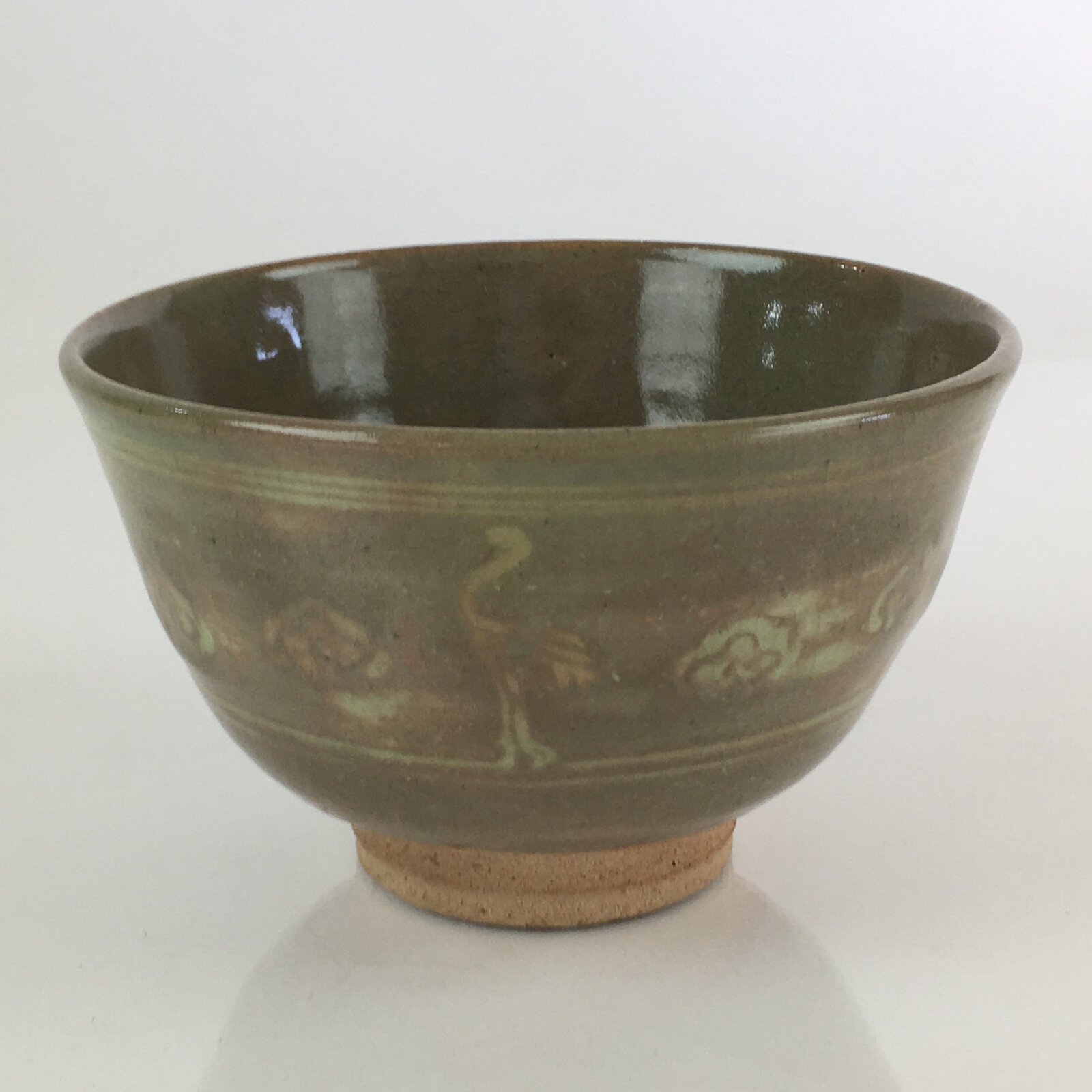 Japanese Ceramic Tea Ceremony Green Tea Bowl Vtg Chawan Crane GTB943
