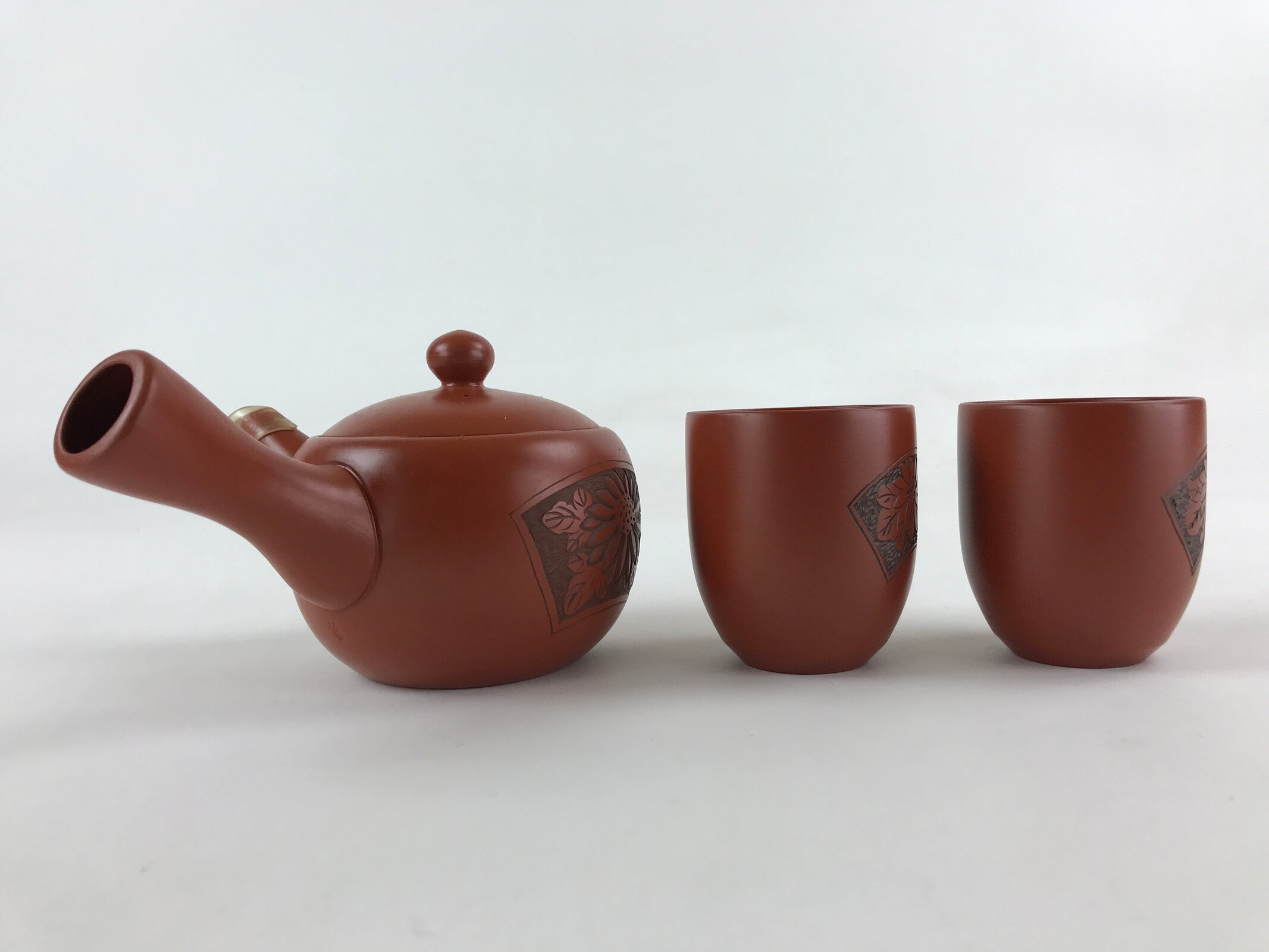 Japanese Ceramic Tea Set 2 Teacups 1Teapot Vtg Kyusu Yunomi Tokoname Ware PX693