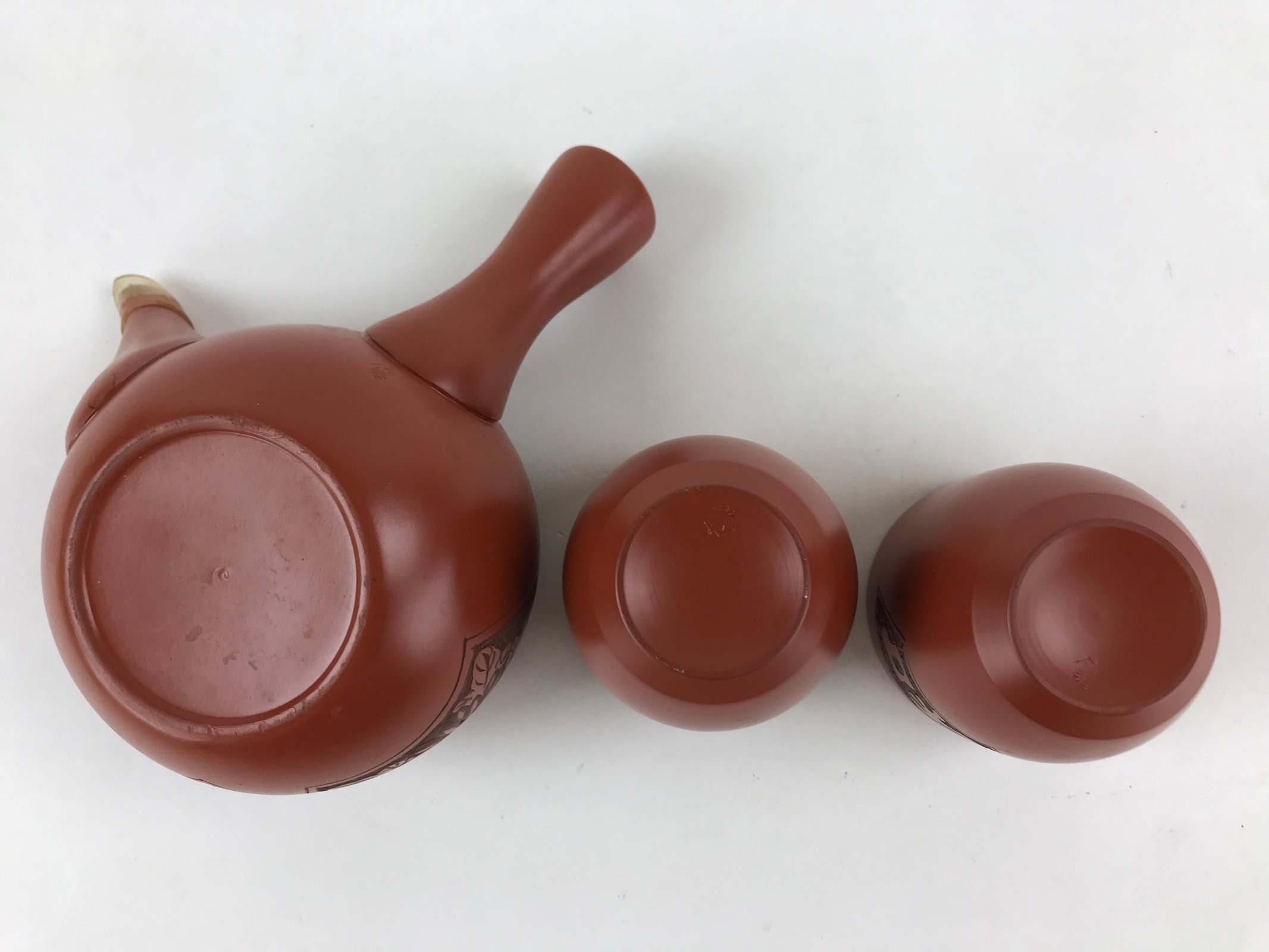 Japanese Ceramic Tea Set 2 Teacups 1Teapot Vtg Kyusu Yunomi Tokoname Ware PX693