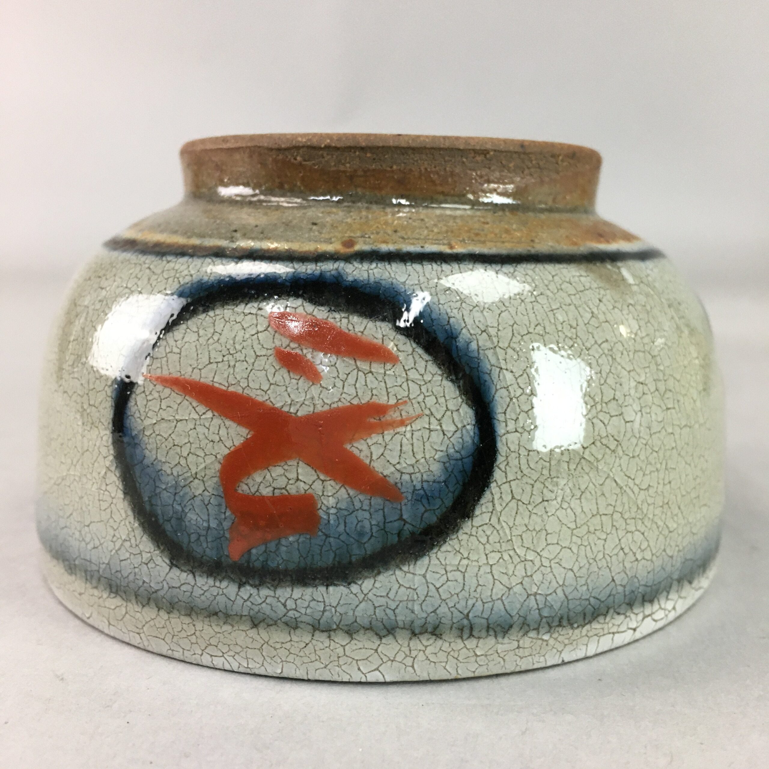 Japanese Ceramic Teacup Vtg Pottery Yunomi Crackle Glaze Kanji Sencha TC90