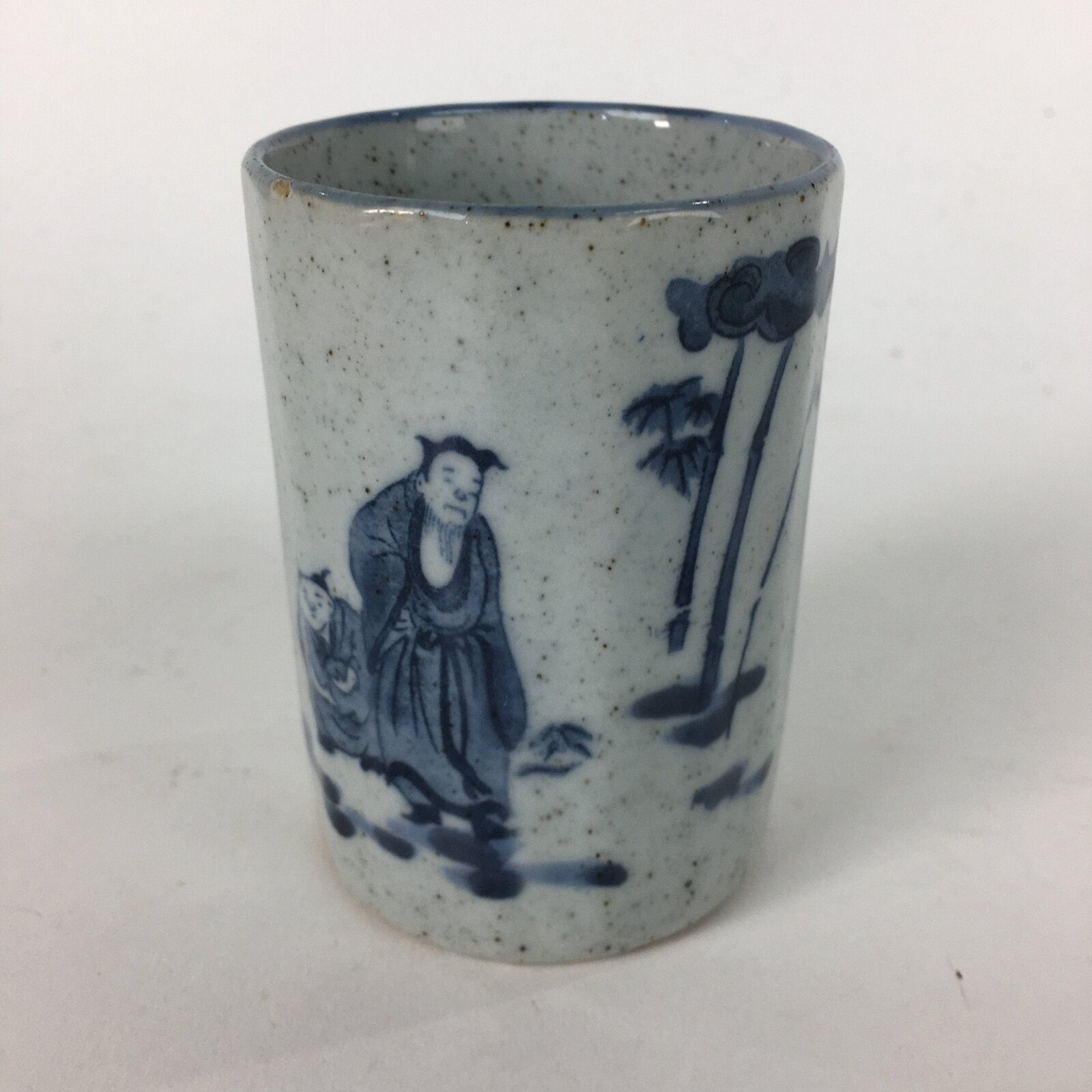 Japanese Ceramic Teacup Yunomi Vtg Gray Chinese Style Blue Design Sencha TC235