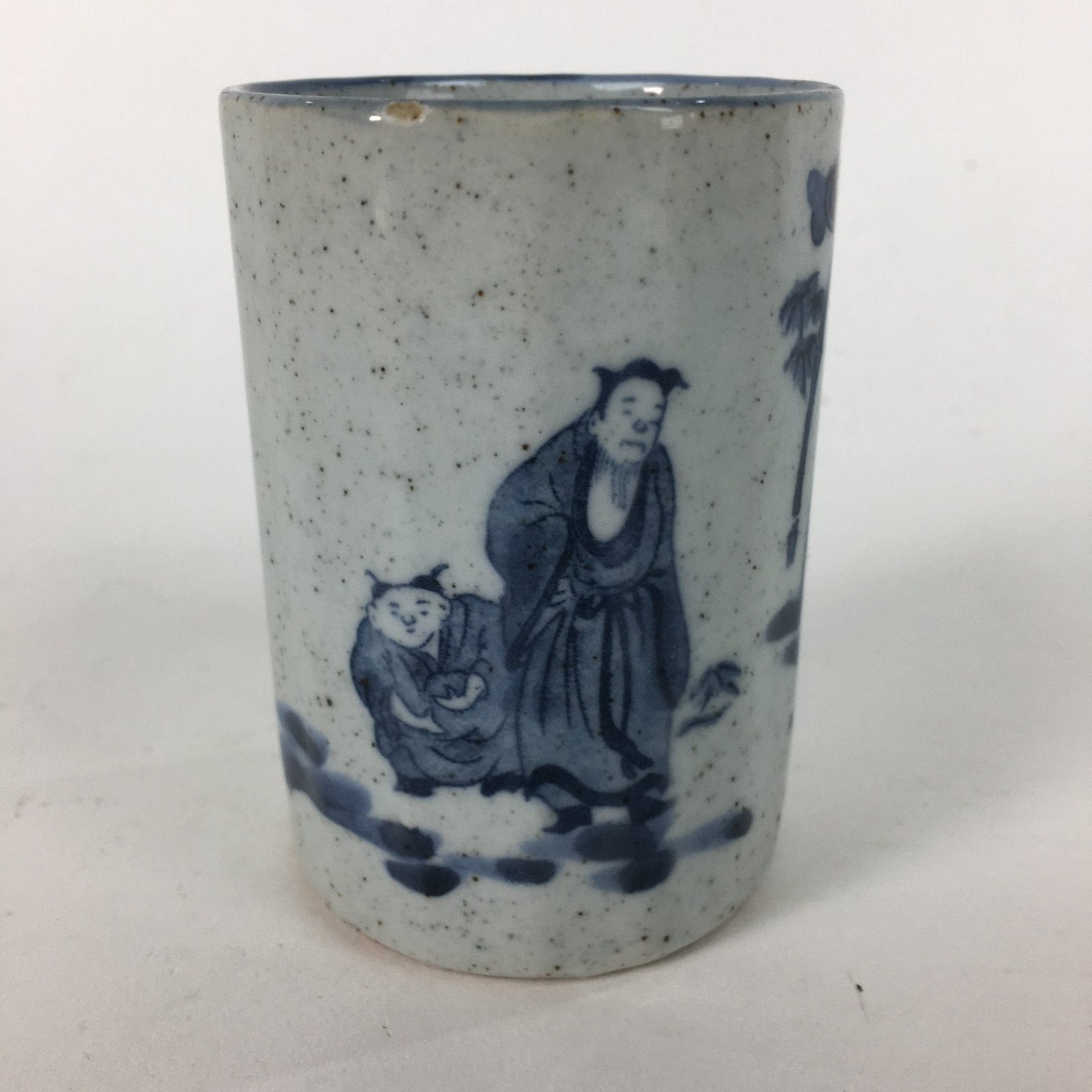 Japanese Ceramic Teacup Yunomi Vtg Gray Chinese Style Blue Design Sencha TC235