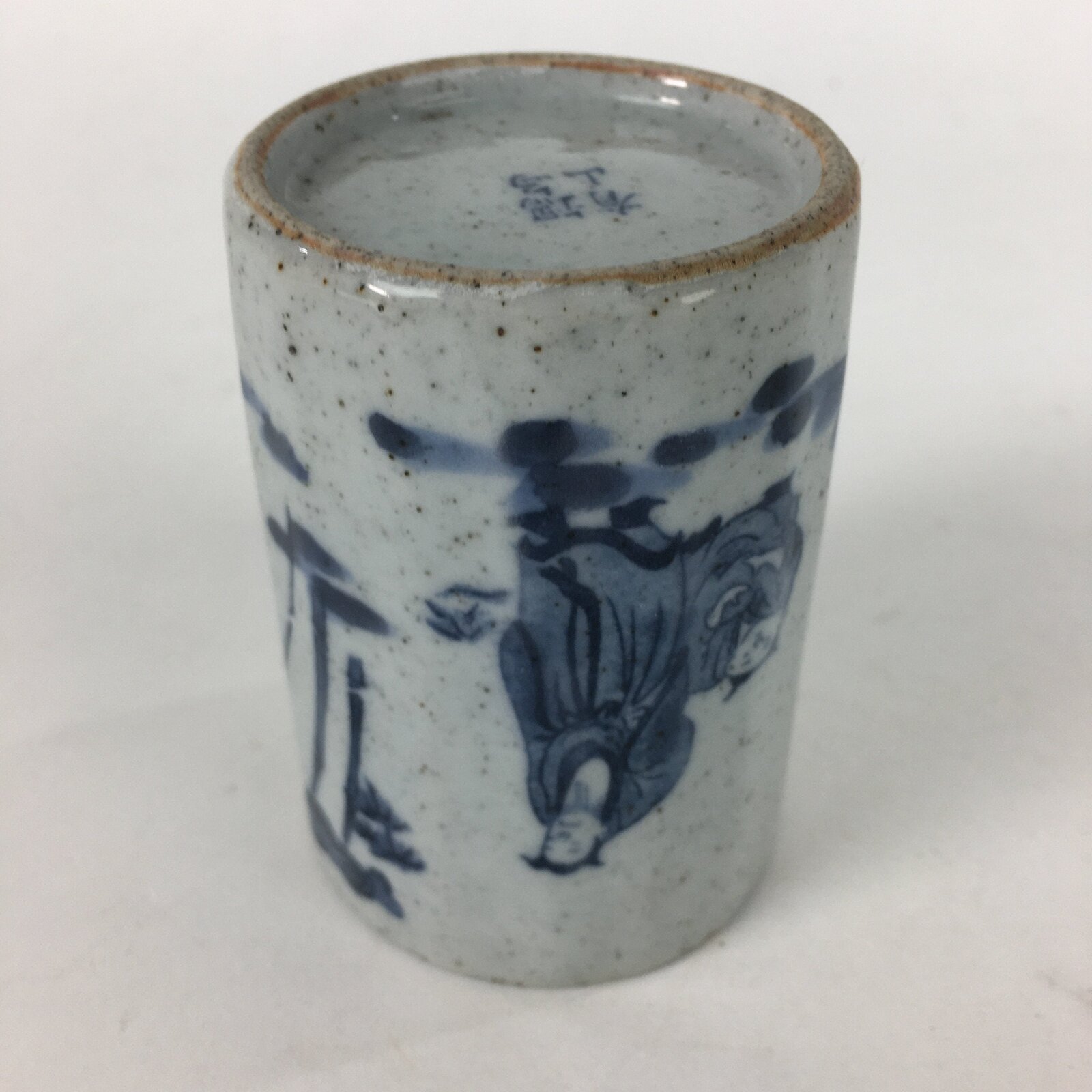 Japanese Ceramic Teacup Yunomi Vtg Gray Chinese Style Blue Design Sencha TC235